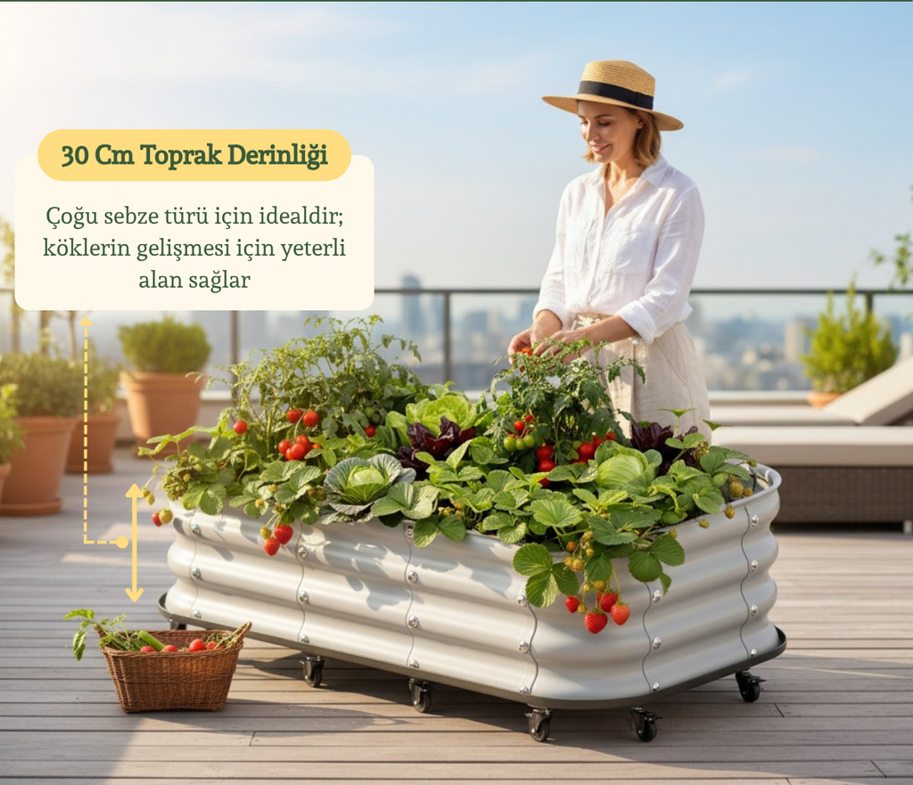 Tekerlekli ve Alt Tablalı Balkon ve Teras Sebze Yatağı 110x60x30 cm / 198 Litre