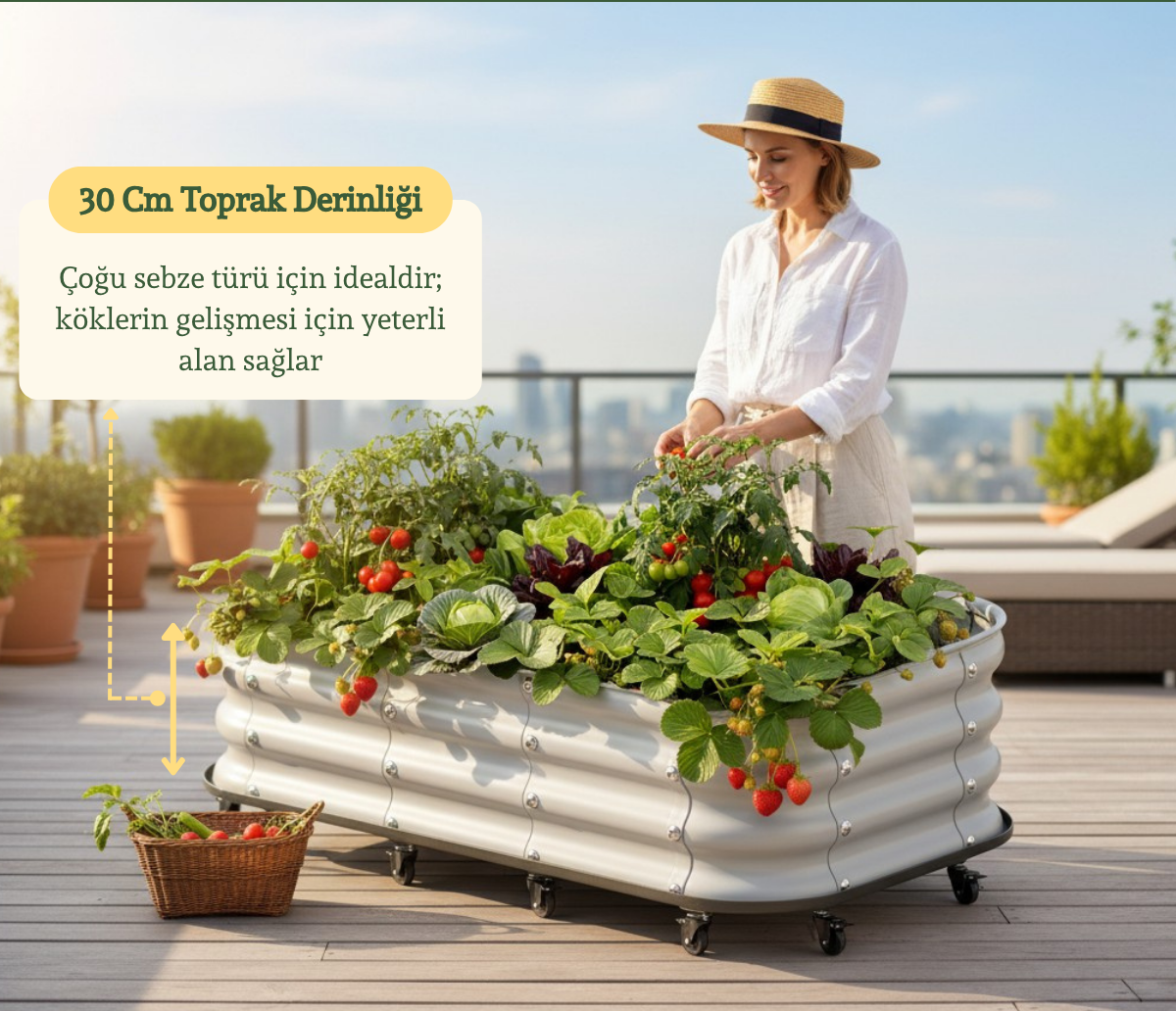 Tekerlekli ve Alt Tablalı Balkon ve Teras Sebze Yatağı 110x60x30 cm / 198 Litre