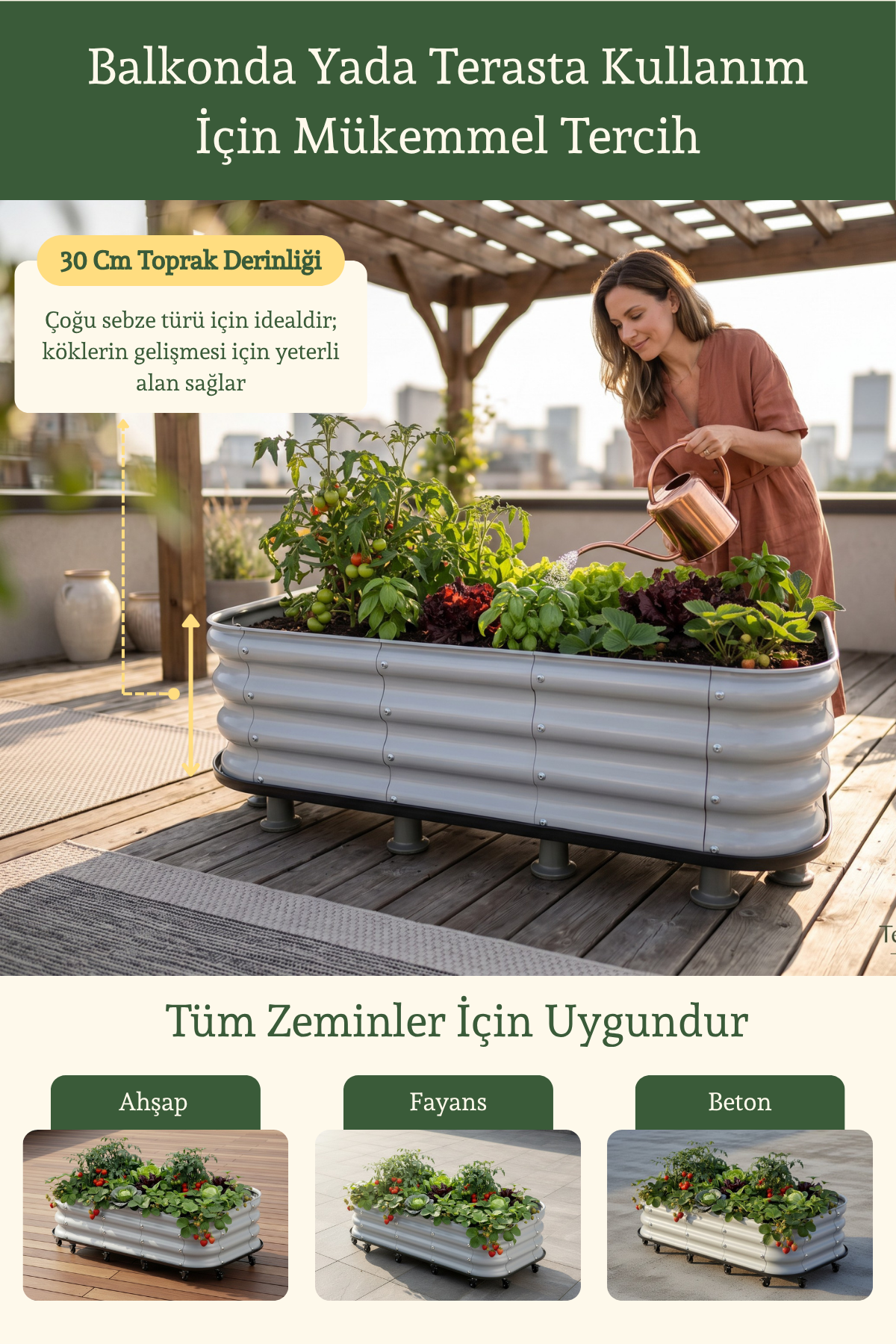 Sabit Ayaklı ve Alt Tablalı Balkon ve Teras Sebze Yatağı 110x60x30 cm / 198 Litre