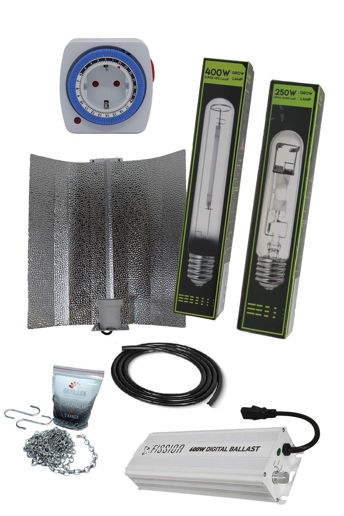 400 W elektronik balastlı HPS ve MH set – dimerli balast, iki ayrı ampul ve kablolu reflektör