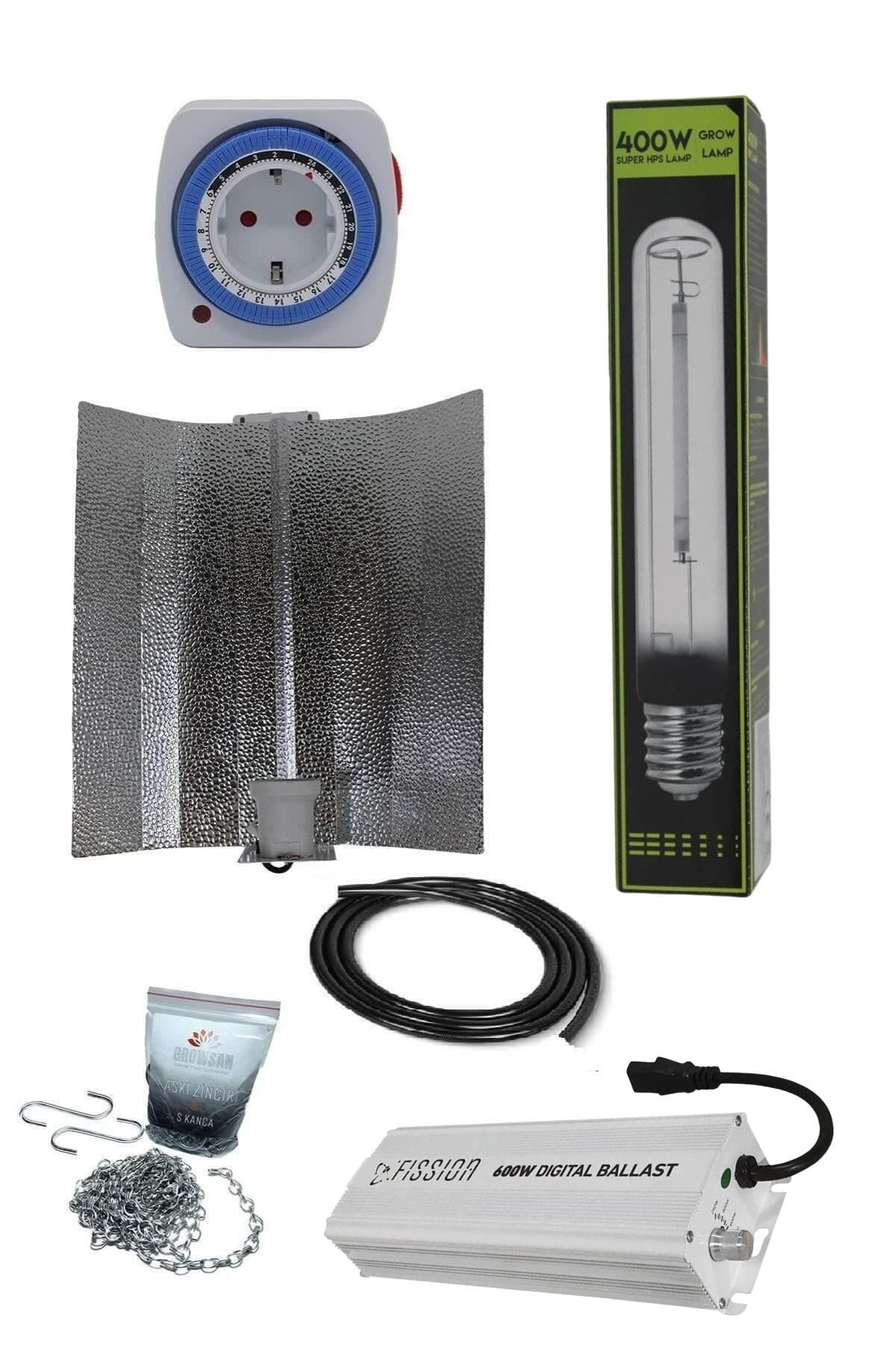 400 W elektronik balastlı HPS set – çok kademeli dimerli balast, sodyum ampul ve geniş reflektör