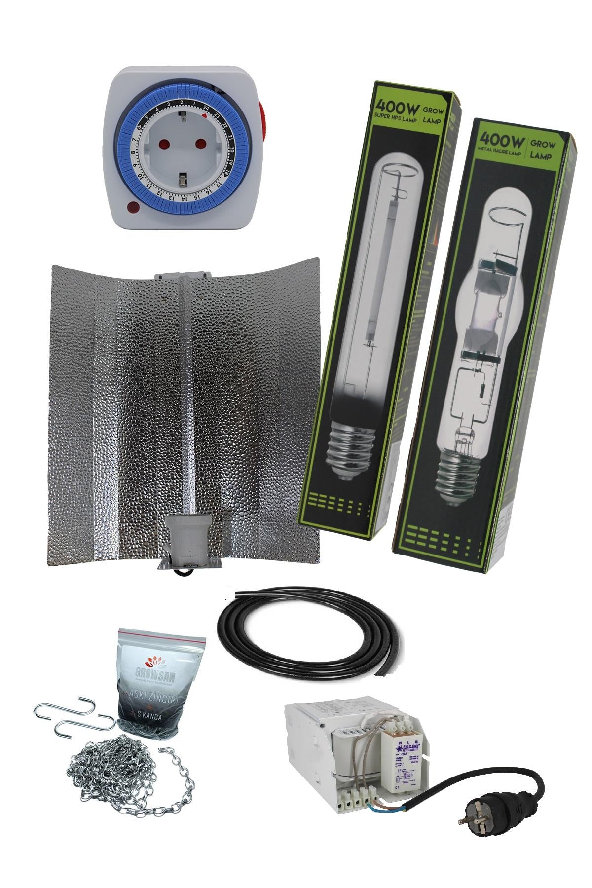 400 W Foton balastlı HPS ve MH set – balast kiti, iki ampul, reflektör ve zaman saati görseli