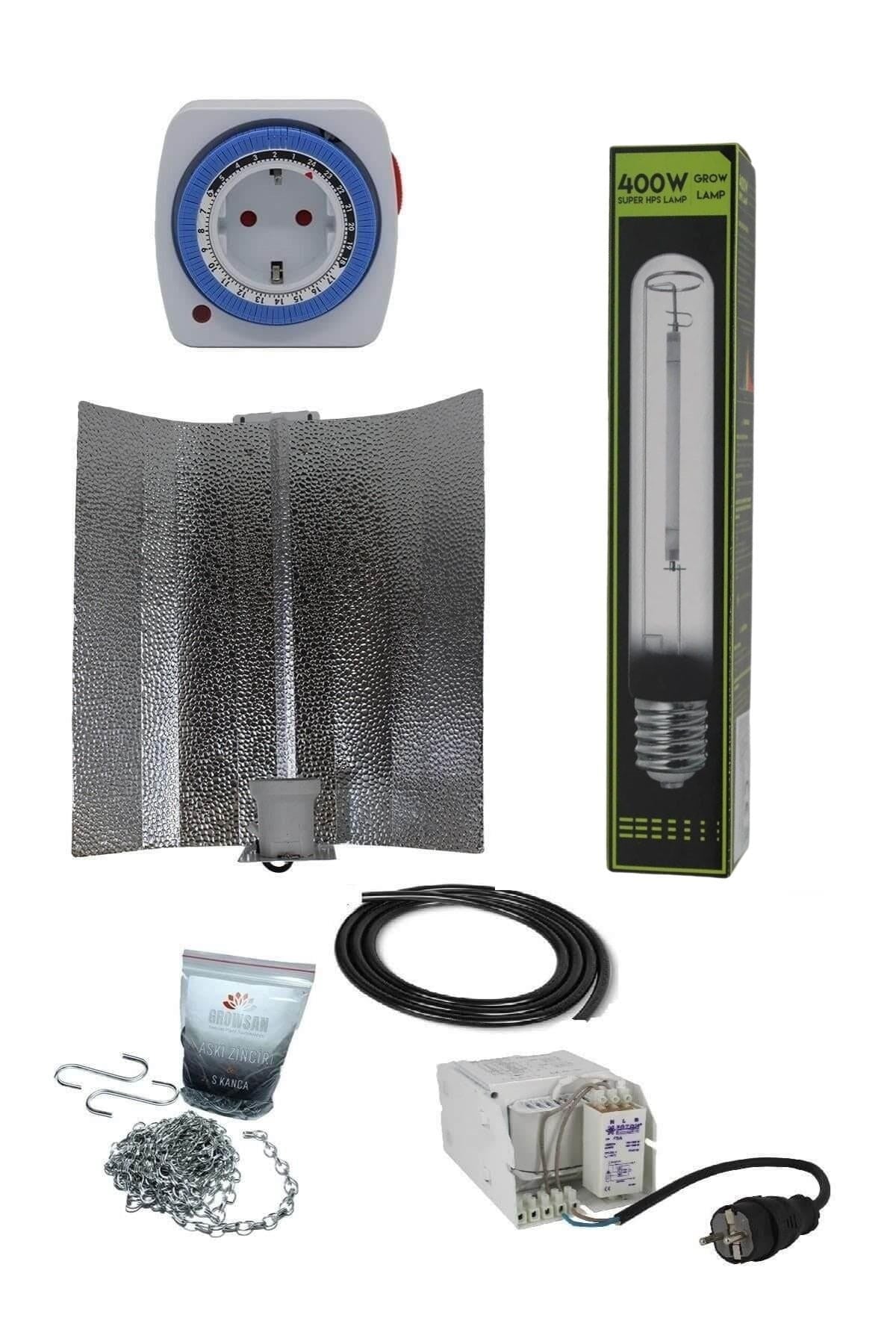 400 W Foton balastlı HPS set – metal kasalı balast kiti, sodyum ampul ve geniş açılı reflektör