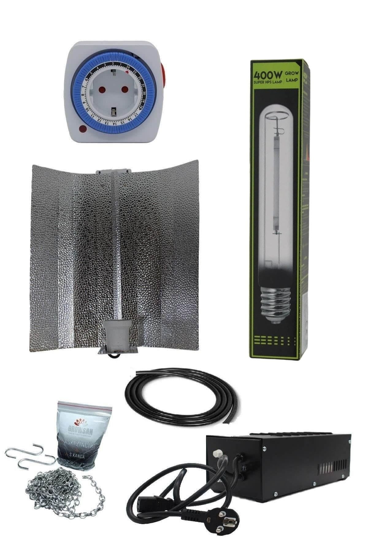 400 W manyetik kompakt balastlı HPS set – metal kasalı balast, sodyum ampul ve geniş reflektör