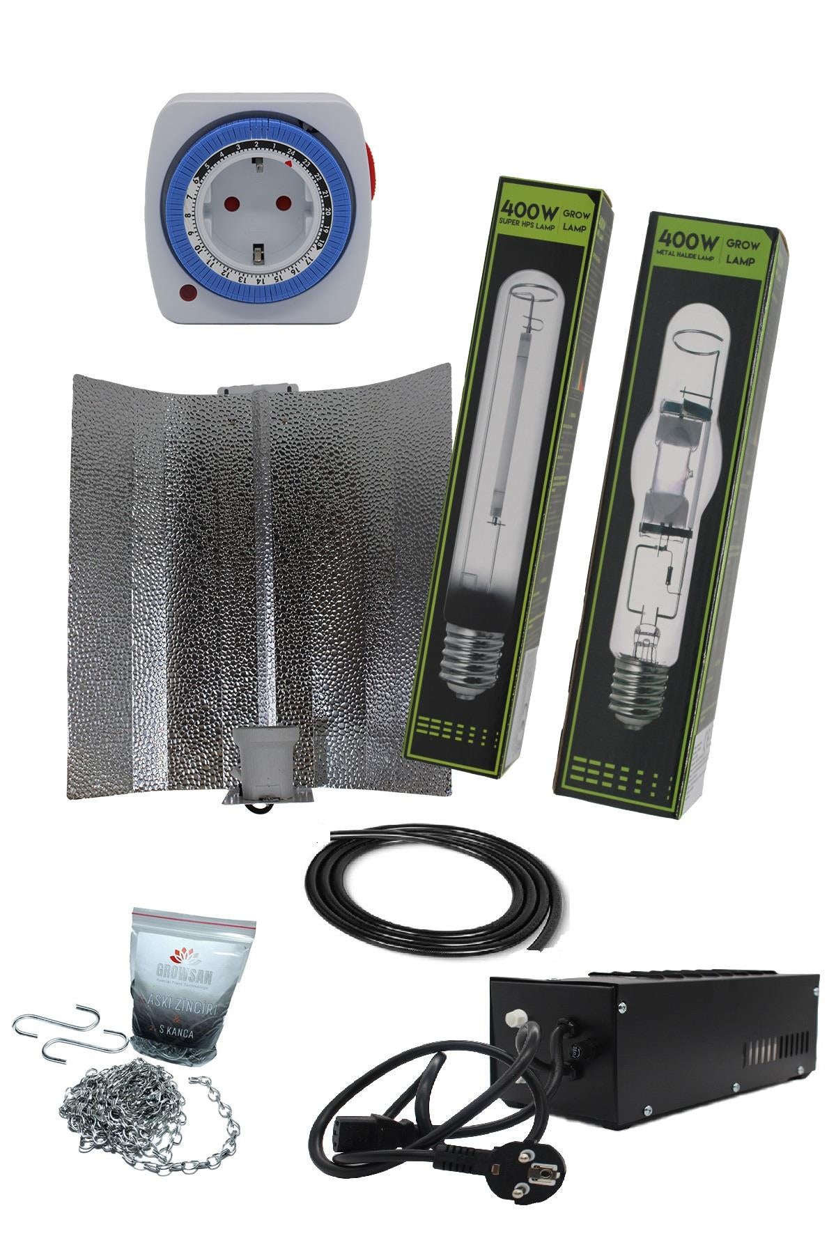 400 W manyetik balastlı HPS ve MH set – bobinli balast, iki ampul ve uzun kablolu reflektör