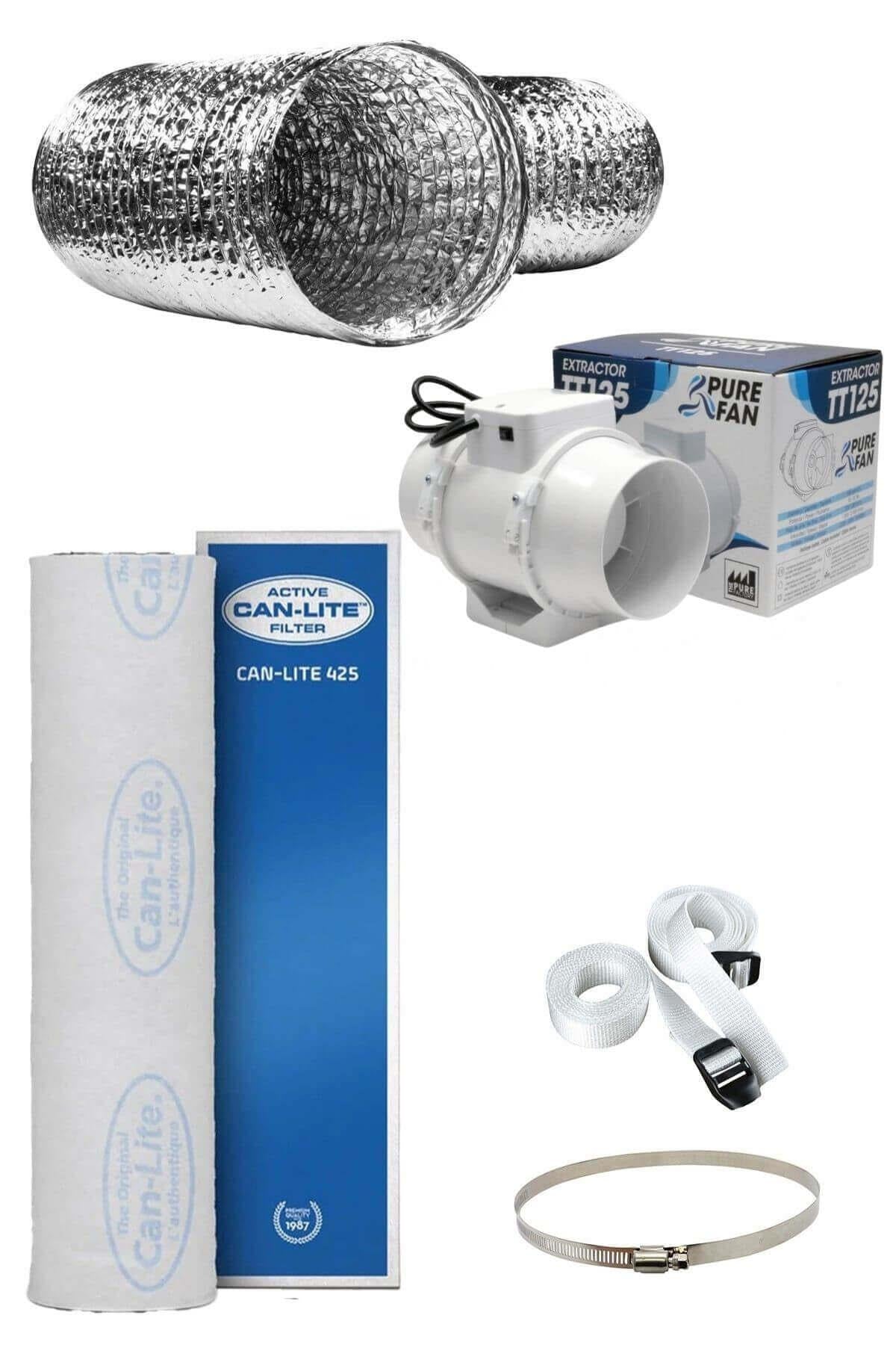 467 m³ Can Lite eco fan seti – karbon filtre, plastik kanal fanı, esnek alüminyum kanal ve redüksiyon parçası