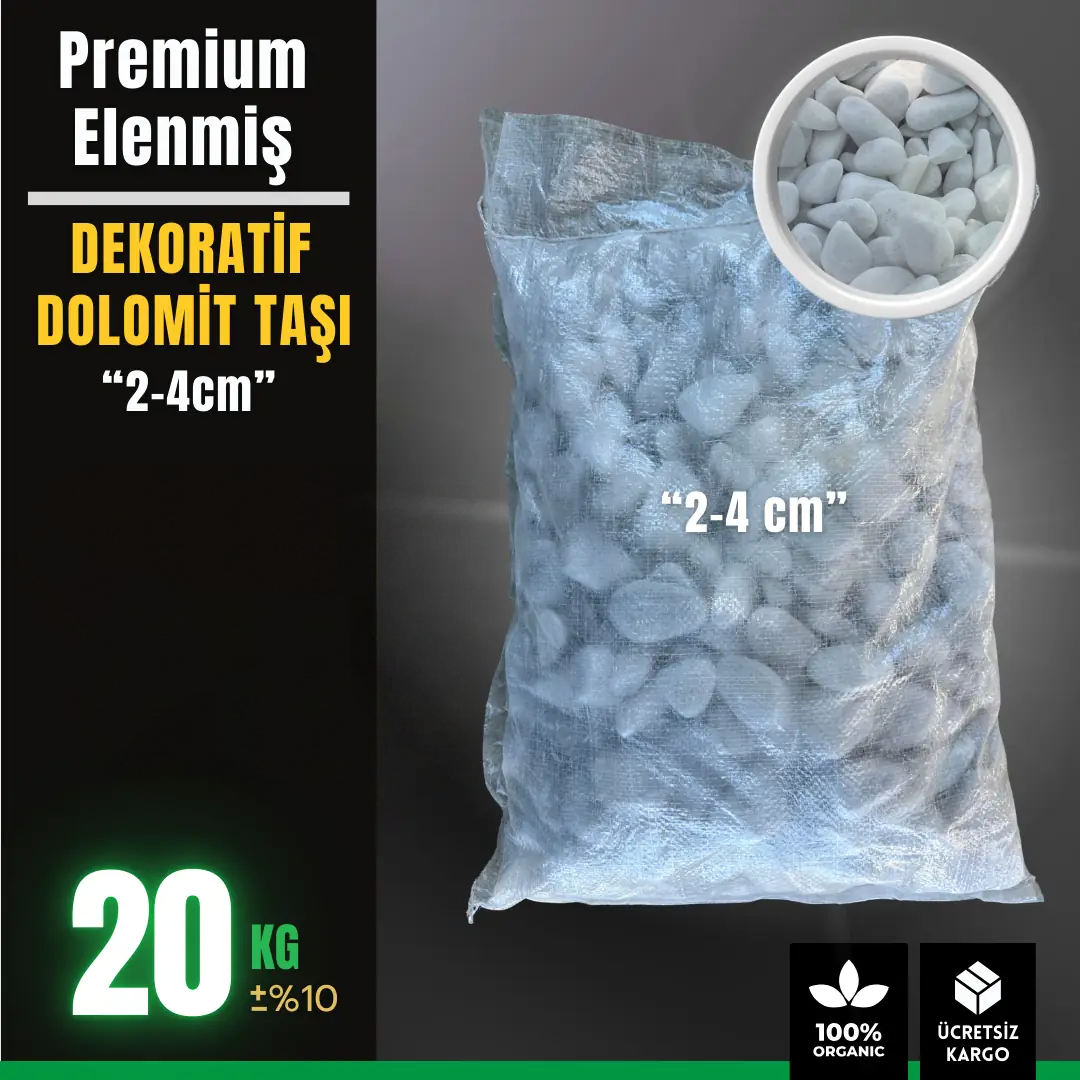 Dekoratif beyaz dolomit taşı 2-4 cm, 20 kg – yürüyüş yolu ve geniş alan için iri tane