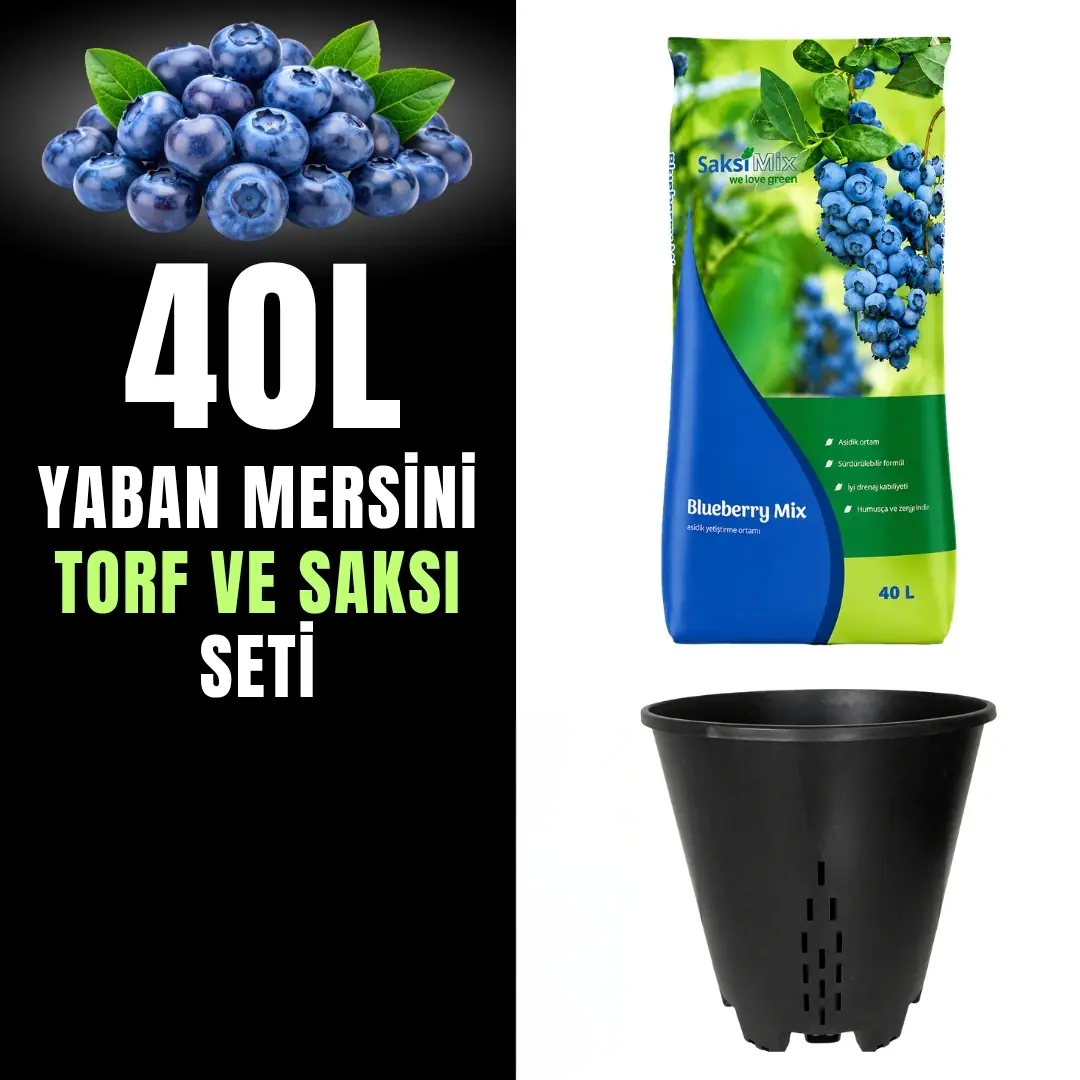 Yaban mersini torf ve saksı seti – 40 litre asidik torf ve drenajlı saksı
