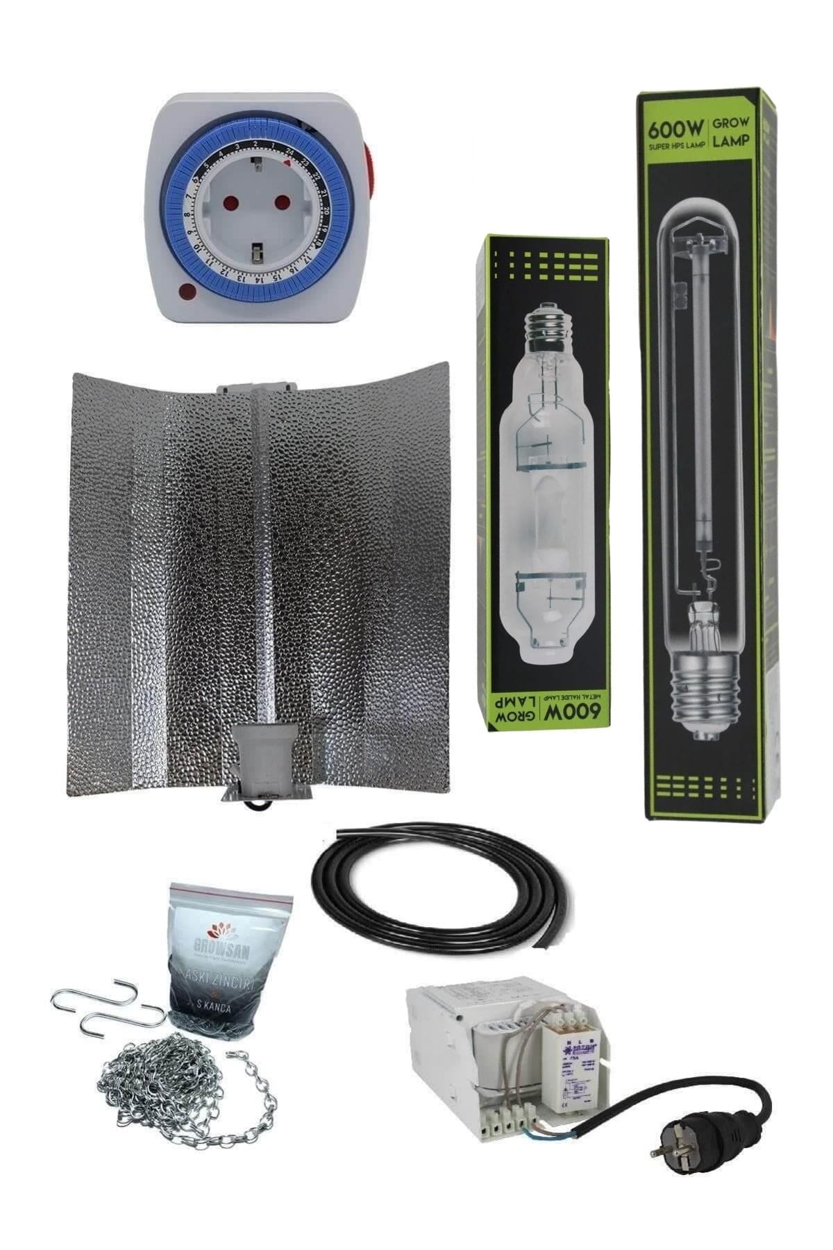 600 W Foton balastlı HPS ve MH set – balast kiti, iki ampul, geniş reflektör ve askı zinciri