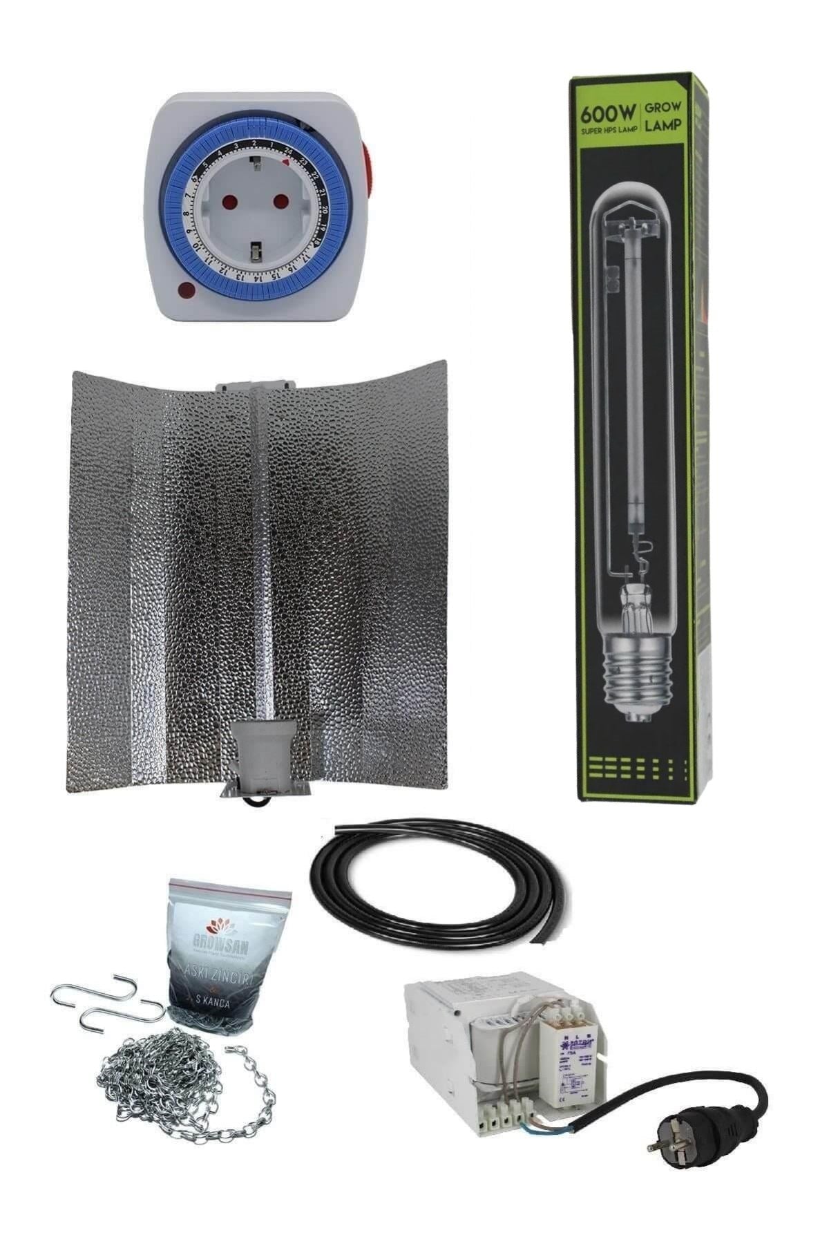 600 W Foton balastlı HPS set – balast kiti, sodyum ampul, uzun kablolu reflektör ve askı zinciri