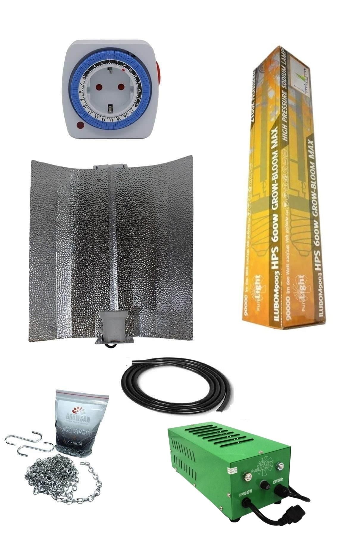 600 W manyetik balastlı Grow Bloom Max set – kompakt balast, çift spektrum ampul ve reflektör