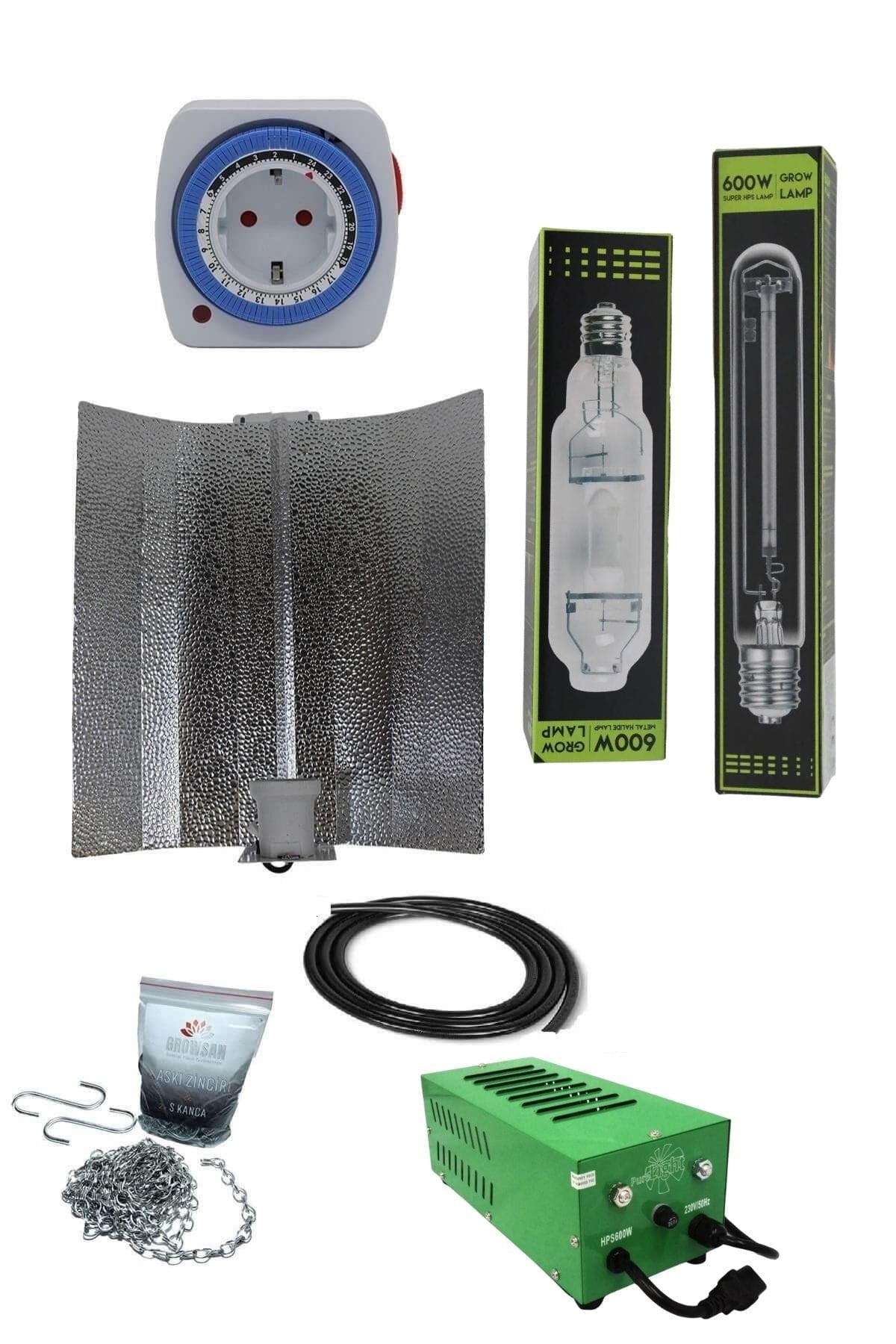 600 W manyetik balastlı HPS ve MH set – kompakt balast, iki ampul ve askı zincirli reflektör