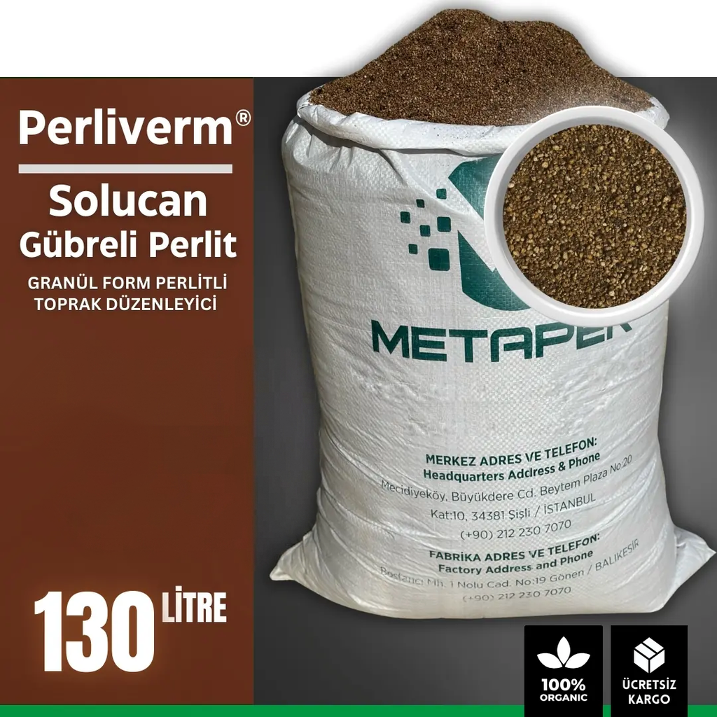 Solucan gübreli perlit 130 litre – bahçe ölçeği toprak düzenleyici çuvalı