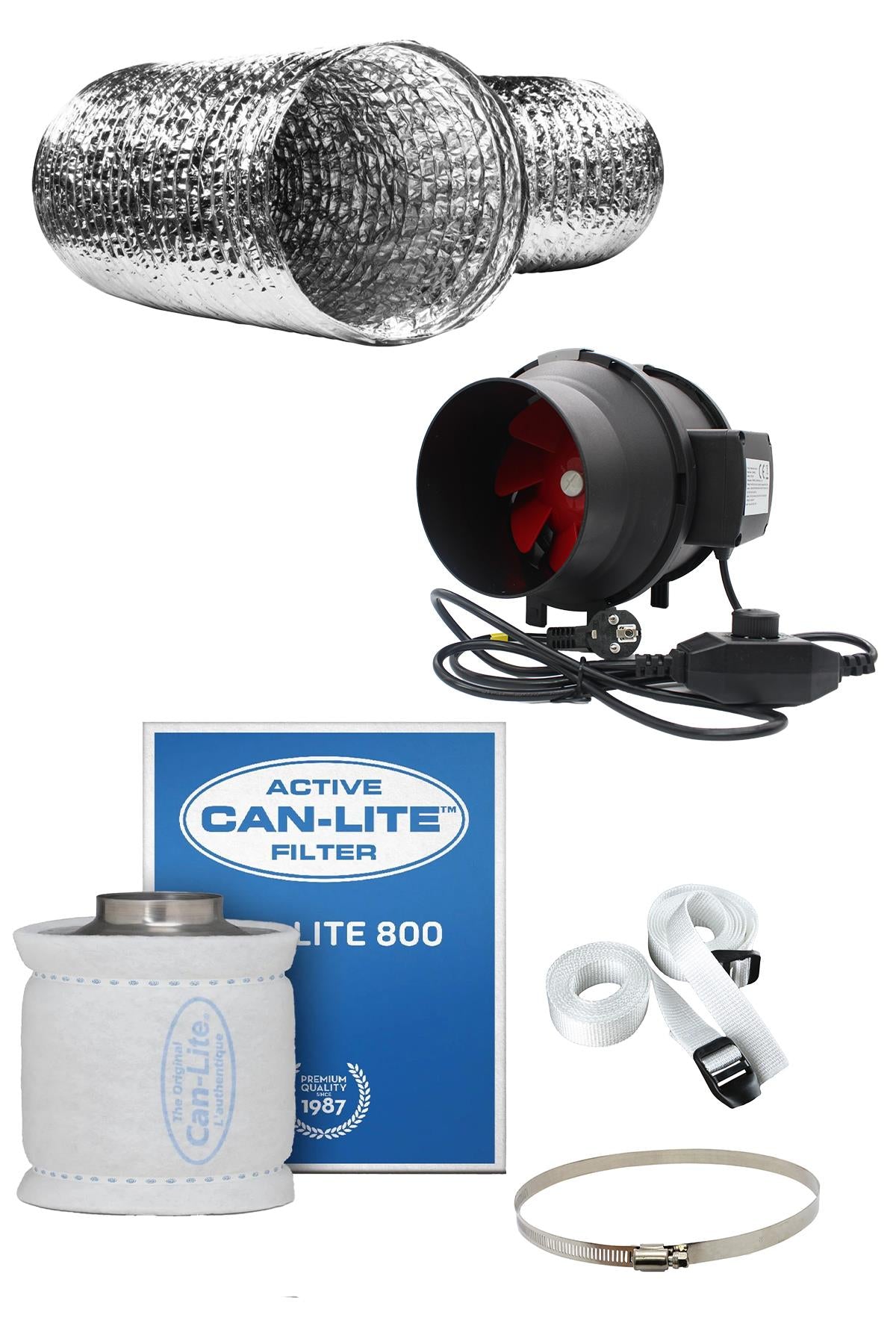 880 m³ Can Lite eco fan seti – çelik gövdeli karbon filtre, 200 mm kanal fanı ve geniş esnek alüminyum kanal