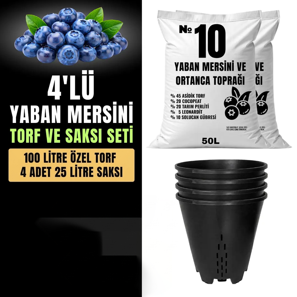 Yaban mersini torf ve saksı seti – 100 litre asidik toprak ve 4 adet drenajlı saksı