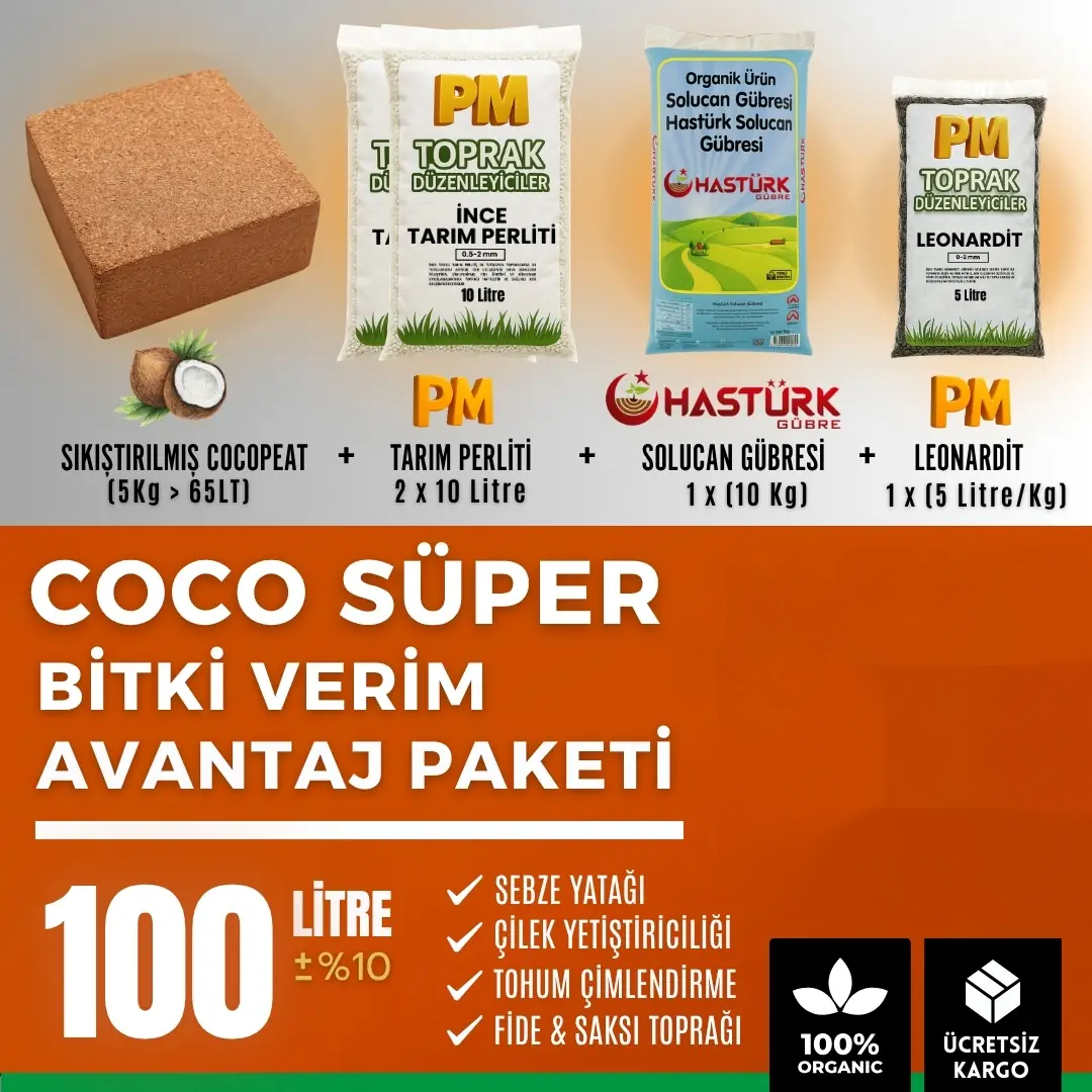 Coco Süper Bitki Verim Avantaj Paketi 100 litre – cocopeat, perlit, solucan gübresi ve leonardit