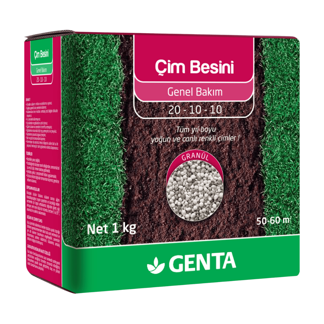 GENTA Çim Besini Genel Bakım 1 Kg | Granül Gübre 20-10-10 | Canlı ve Yoğun Görünümlü Çimler İçin - ambalajlı gübre ürünü görseli