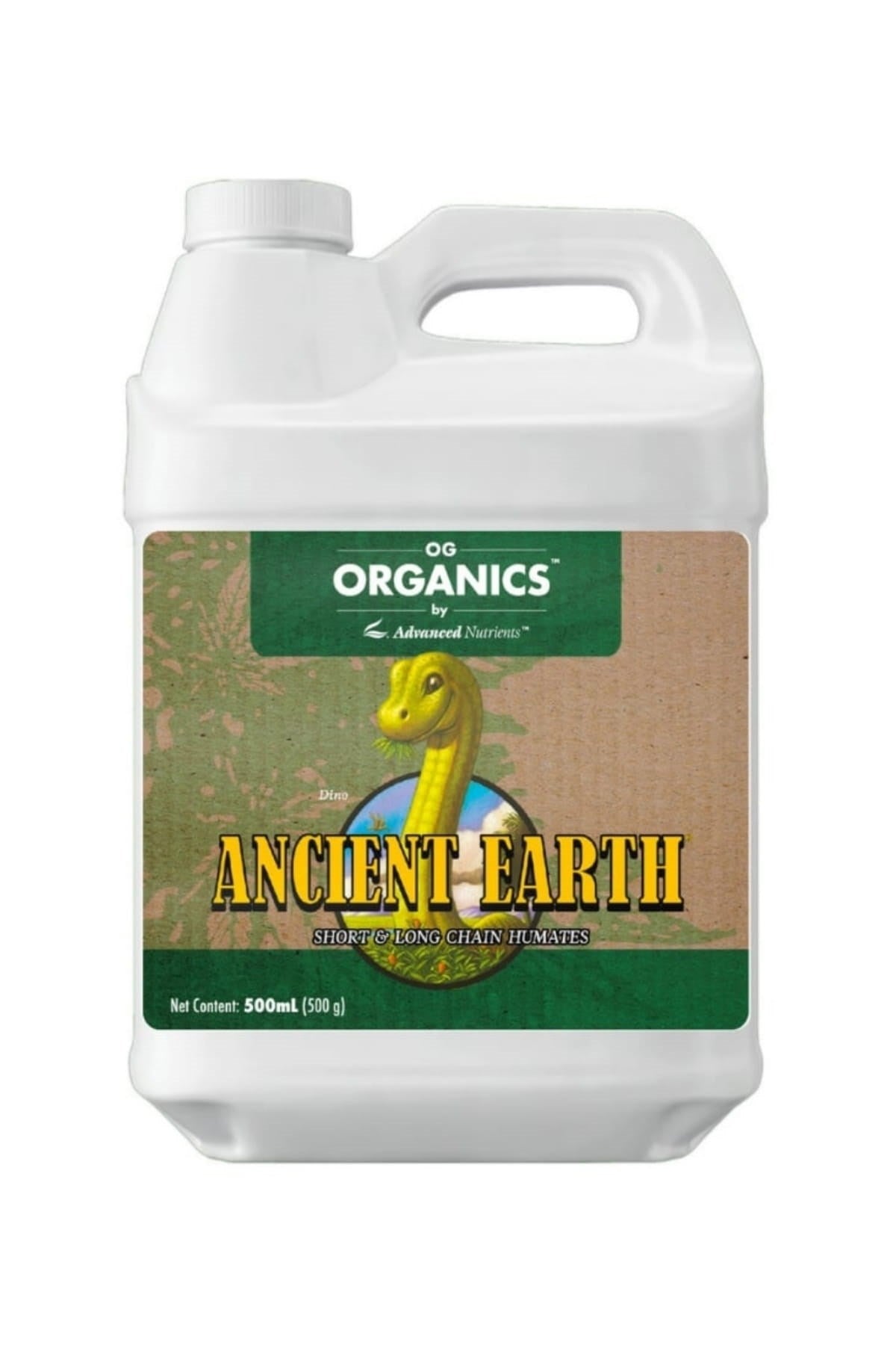 Ancient Earth Organic 500 ml beyaz şişe – kahverengi etiket, üstte yeşil ORGANICS bandı