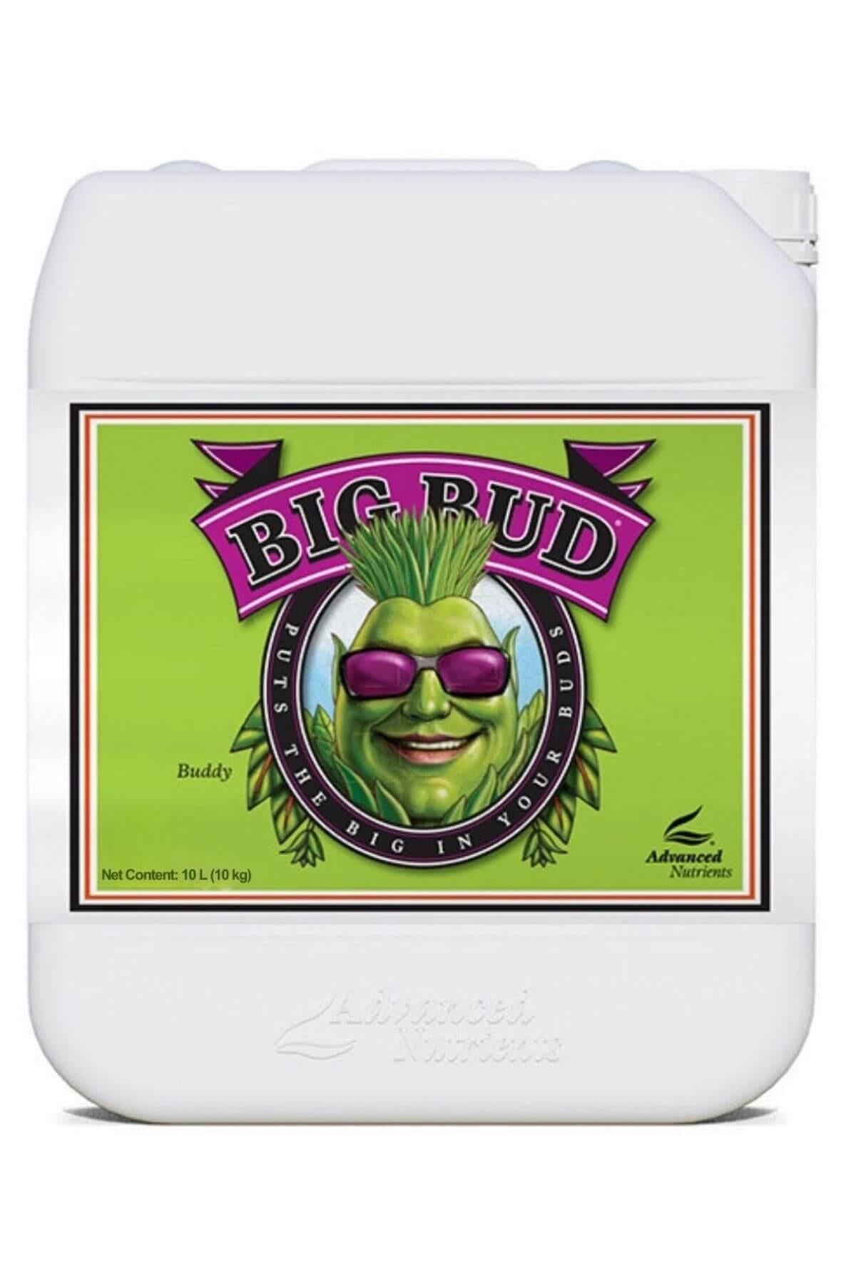 Big Bud 10 litre beyaz bidon – parlak yeşil etiket, mor Big Bud yazısı ve kulplu geniş gövde