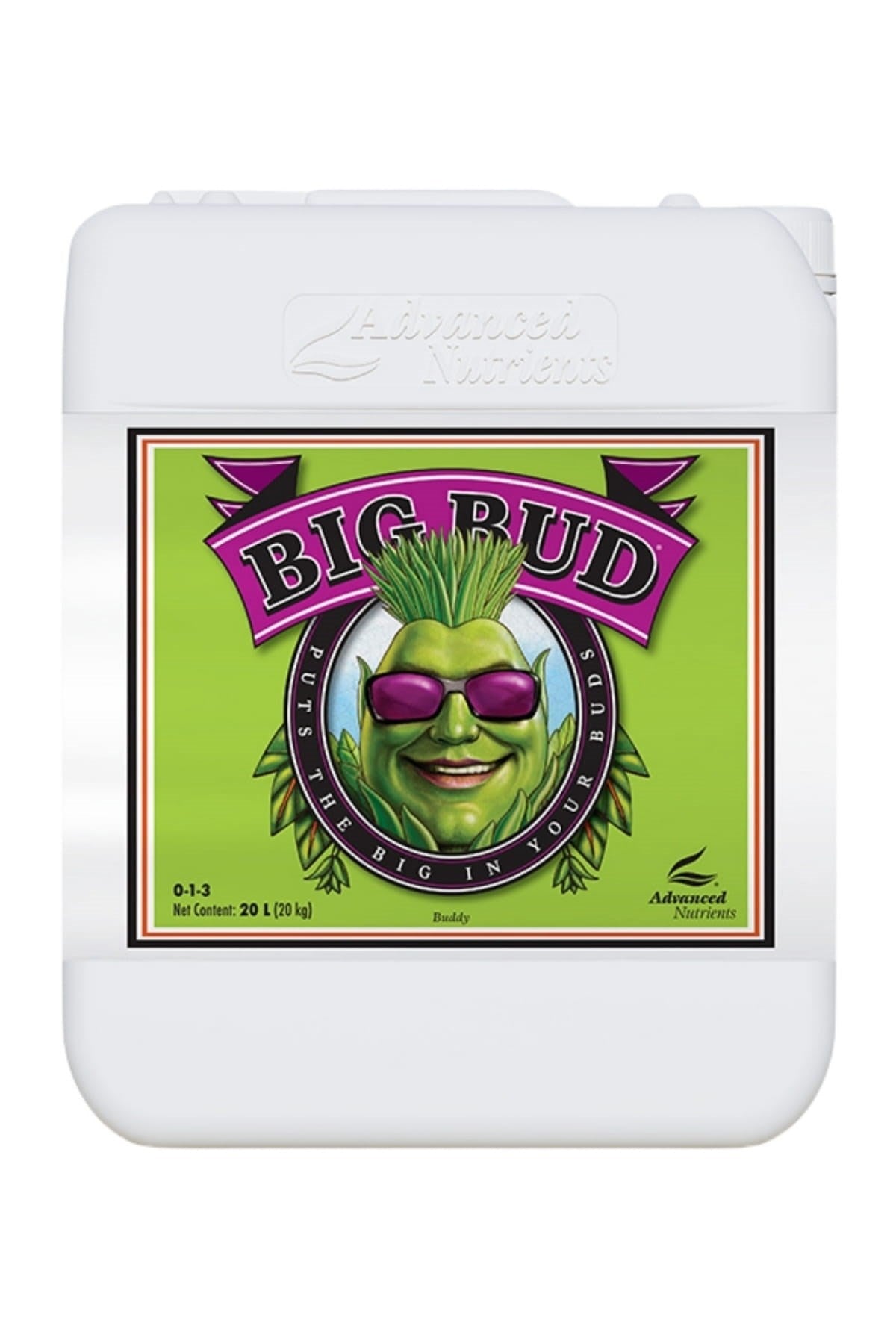 Big Bud 20 litre beyaz büyük bidon – parlak yeşil etiket, mor Big Bud yazısı, taşıma kulplu