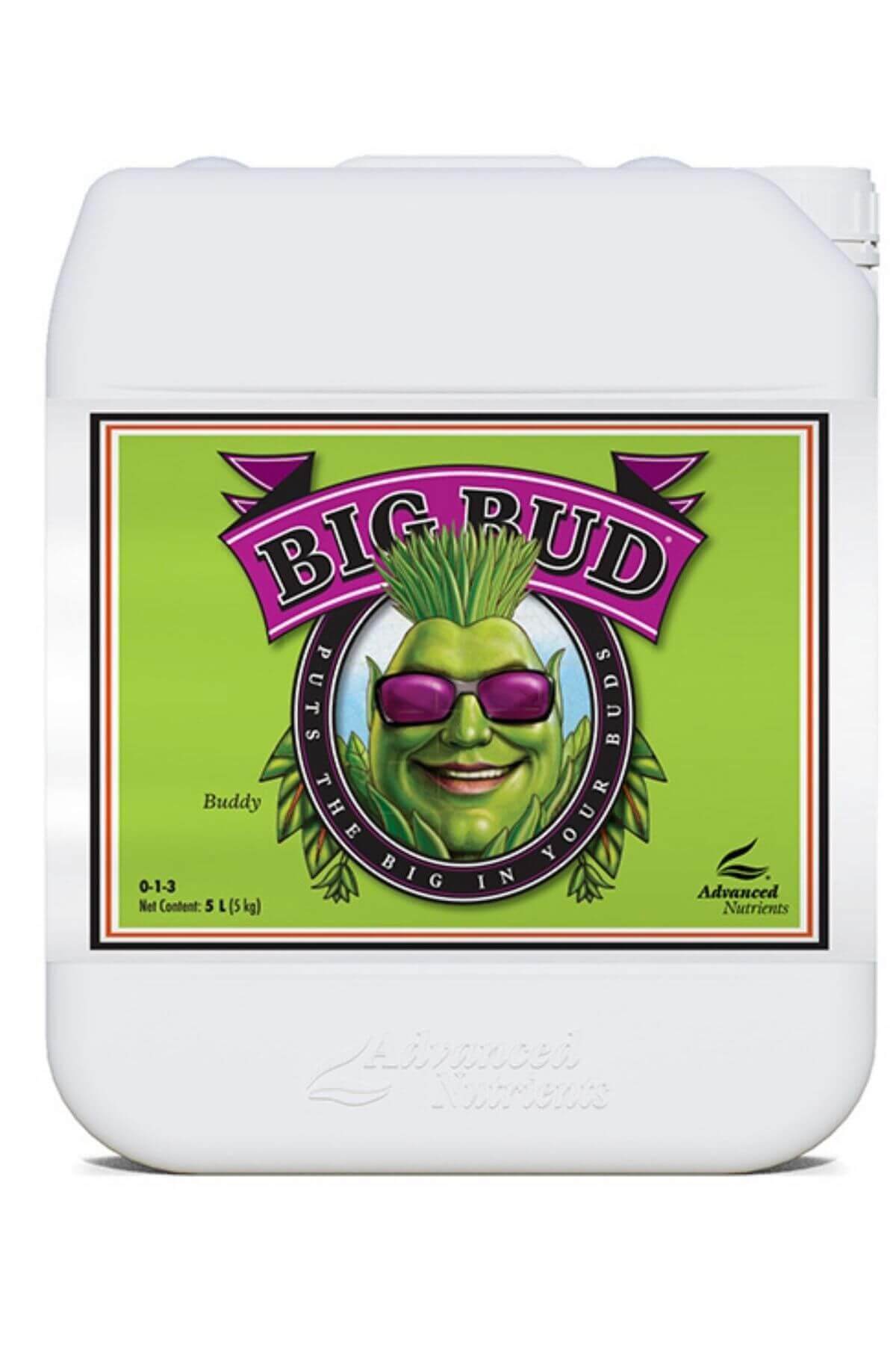 Big Bud 5 litre beyaz kulplu bidon – parlak yeşil etiket, mor Big Bud yazısı, geniş kapak