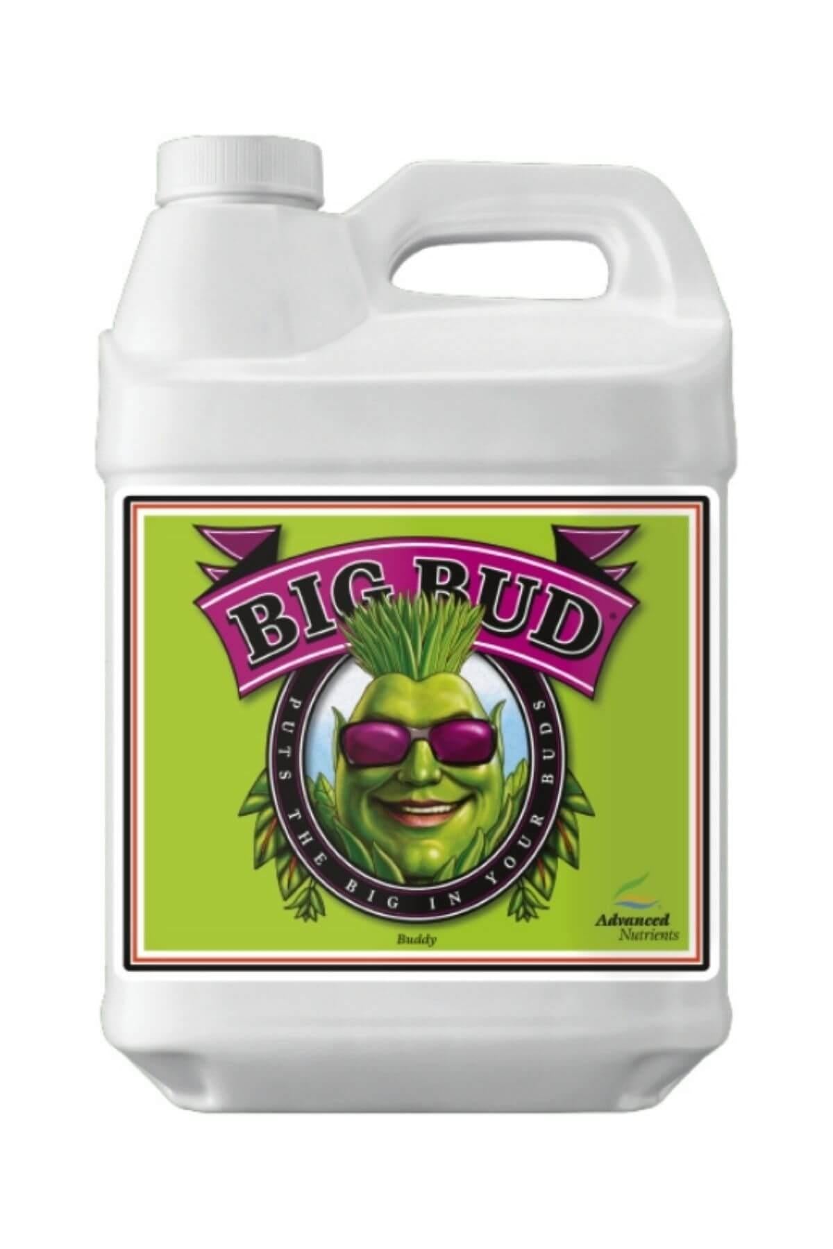 Big Bud 500 ml beyaz plastik şişe – parlak yeşil etiket, mor Big Bud yazısı, kulplu gövde