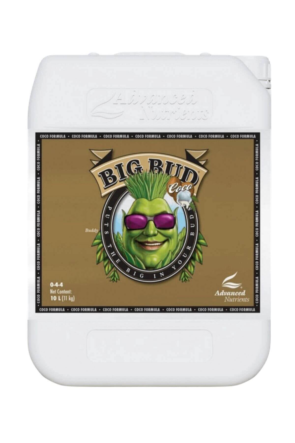 Big Bud Coco 10 litre beyaz bidon – kahverengi altın etiket, yeşil figür illüstrasyonu ve kulp