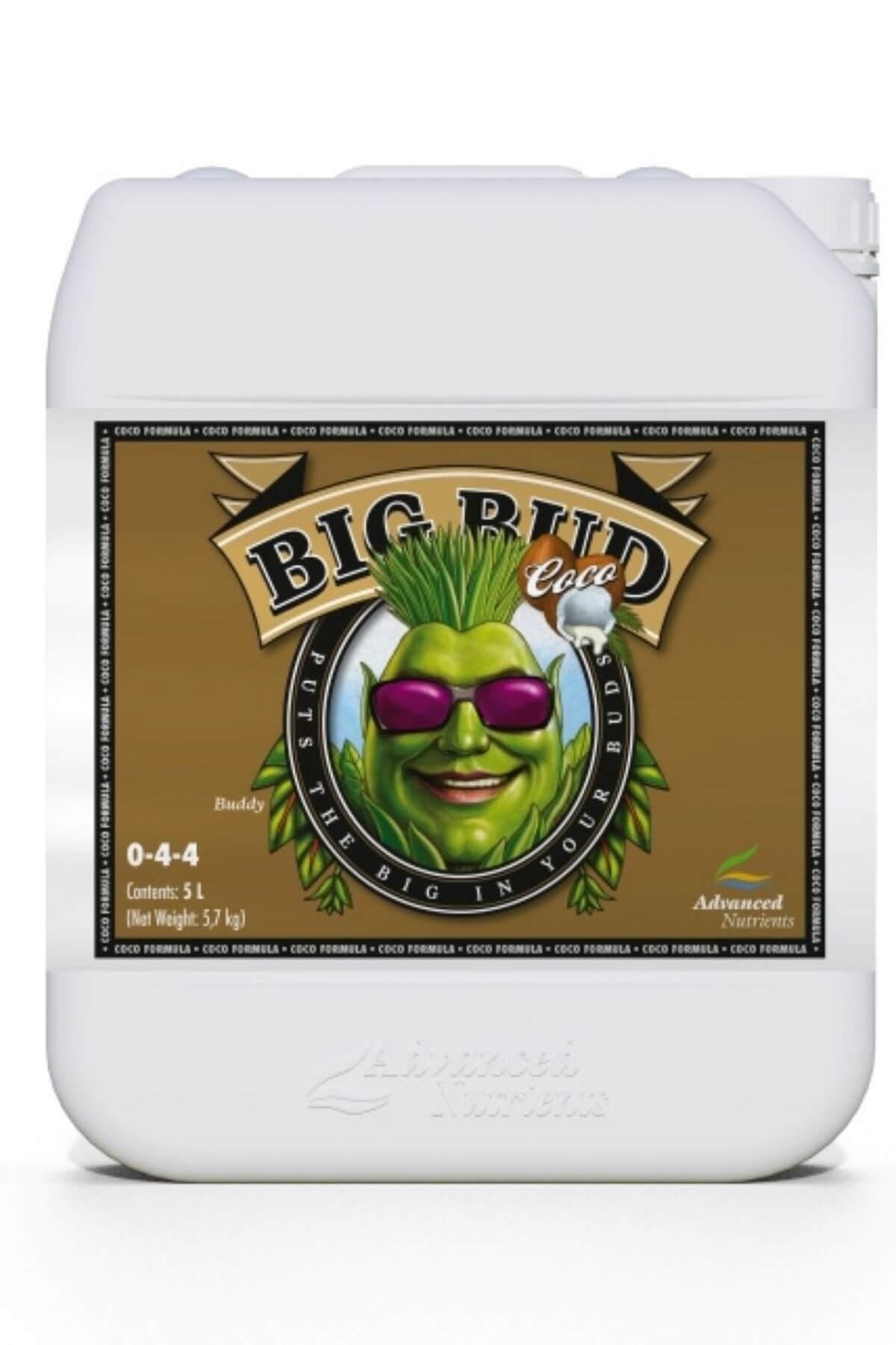 Big Bud Coco 5 litre beyaz kulplu bidon – kahverengi altın etiket, yeşil figür ve geniş kapak
