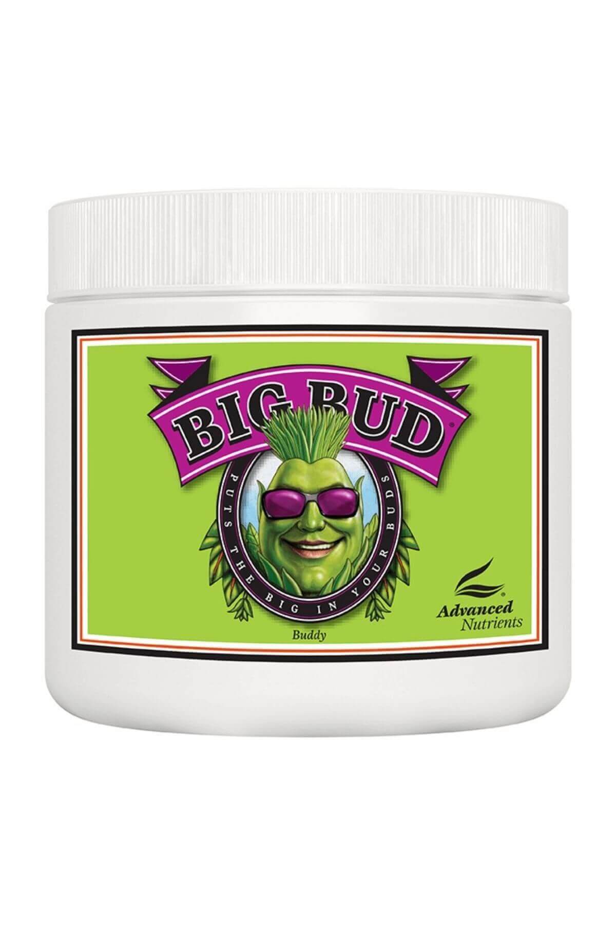Big Bud Powder 500 gr beyaz kapaklı silindirik plastik kavanoz – parlak yeşil etiketli geniş gövde