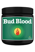 Bud Blood Powder 500 gr siyah silindirik kavanoz – koyu yeşil etiket, beyaz el yazısı marka adı