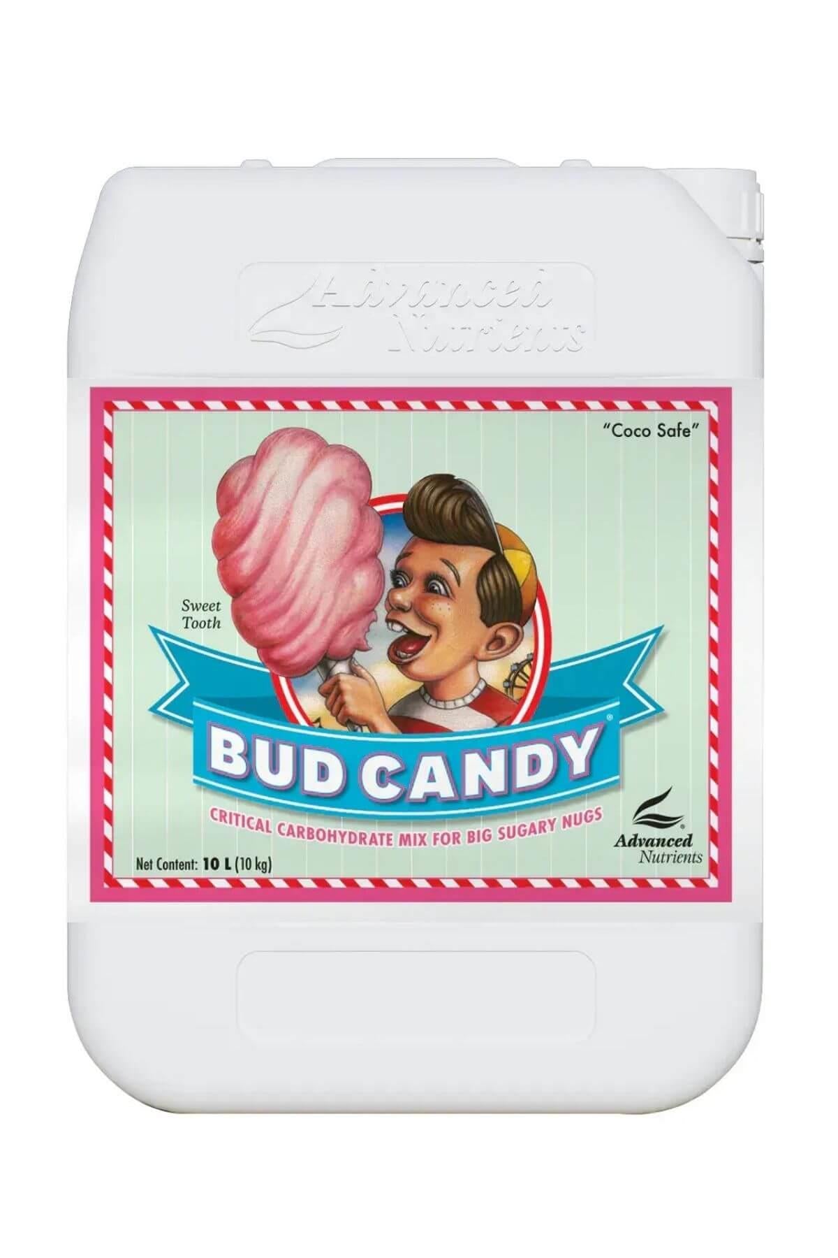 Bud Candy 10 litre beyaz bidon – pembe beyaz çizgili etiket, pamuk şeker görseli ve kulplu gövde