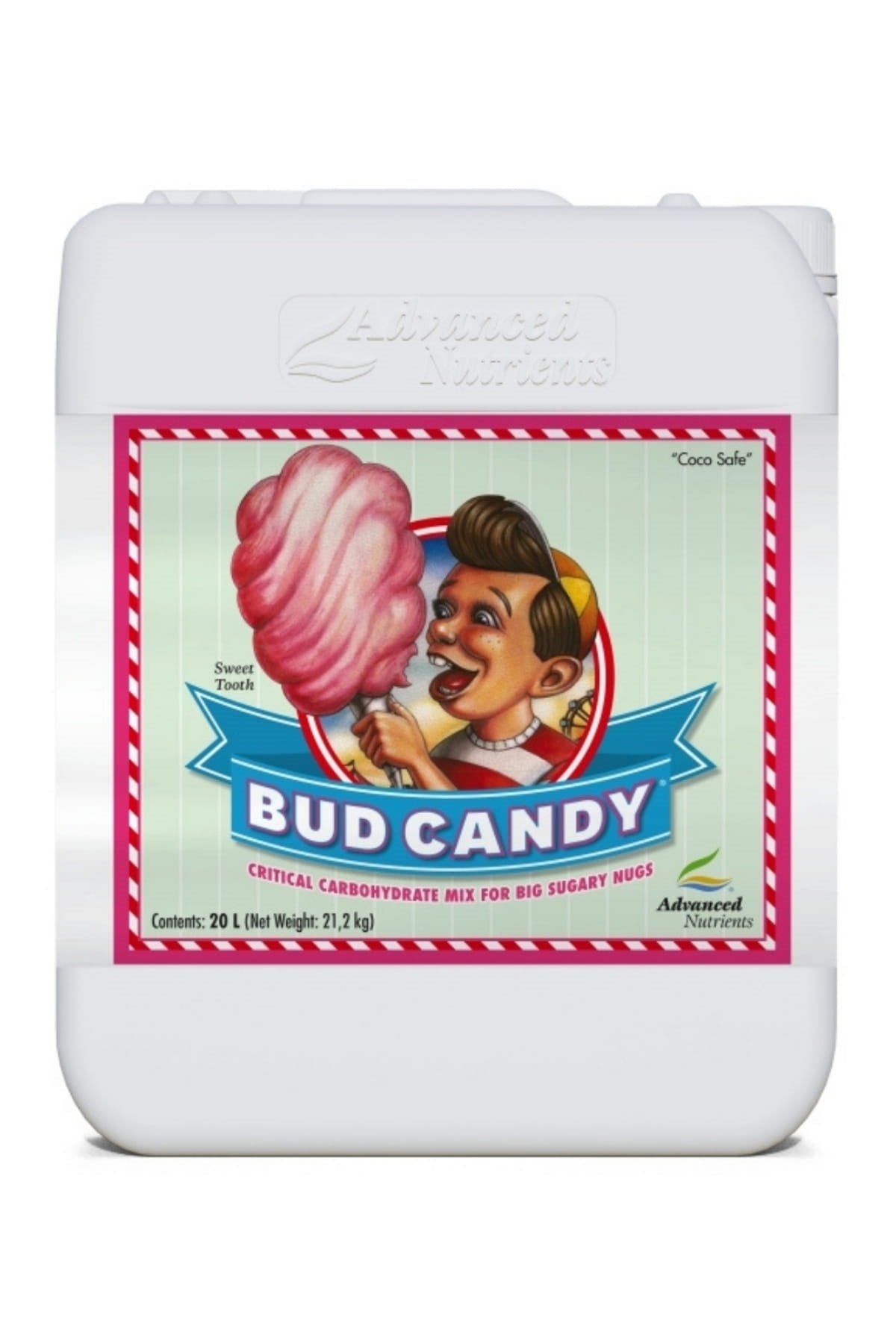 Bud Candy 20 litre beyaz büyük bidon – pembe beyaz çizgili etiket, pamuk şekerli ön yüz, kulplu