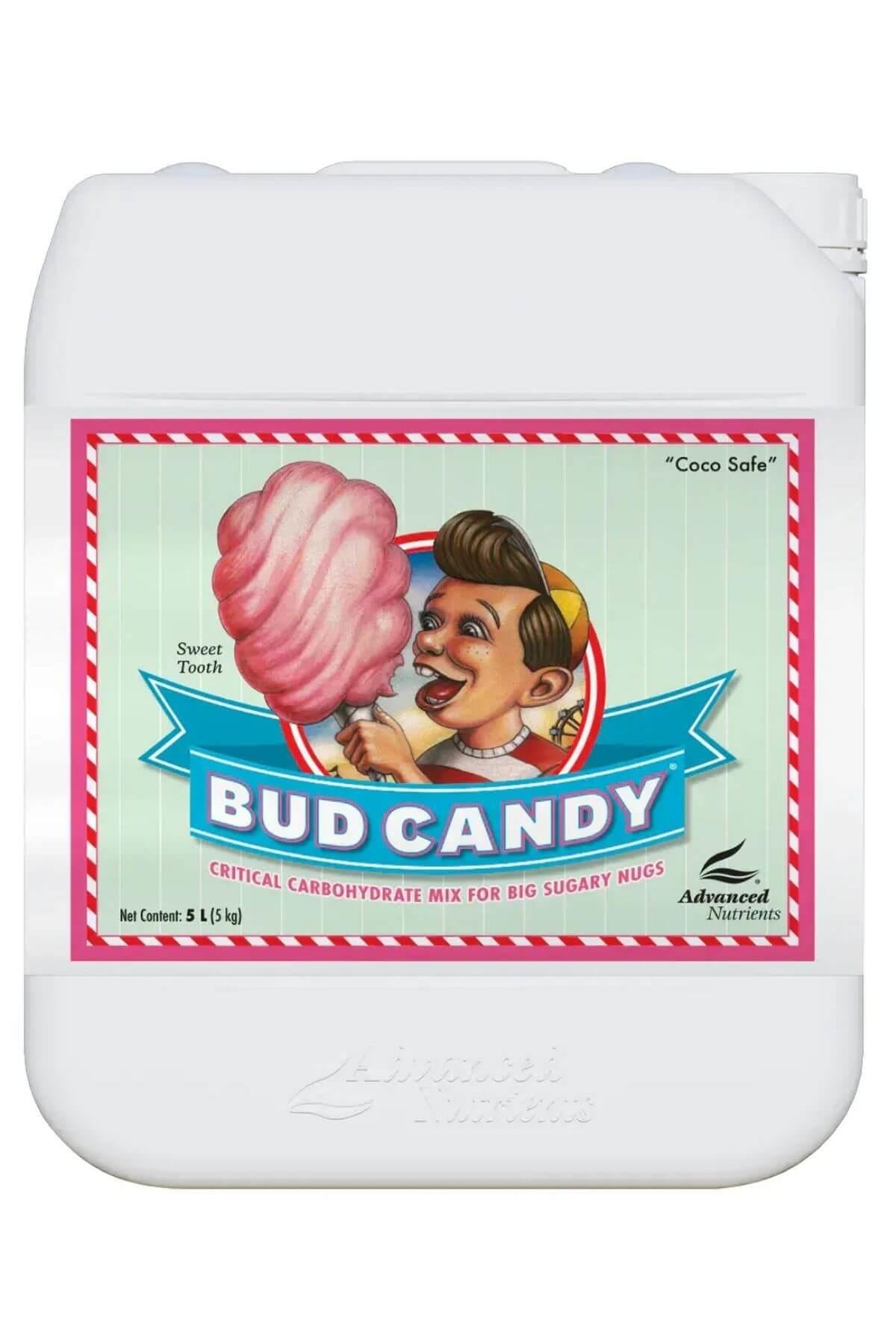 Bud Candy 5 litre beyaz kulplu bidon – pembe beyaz çizgili etiket, pamuk şekerli ön görsel