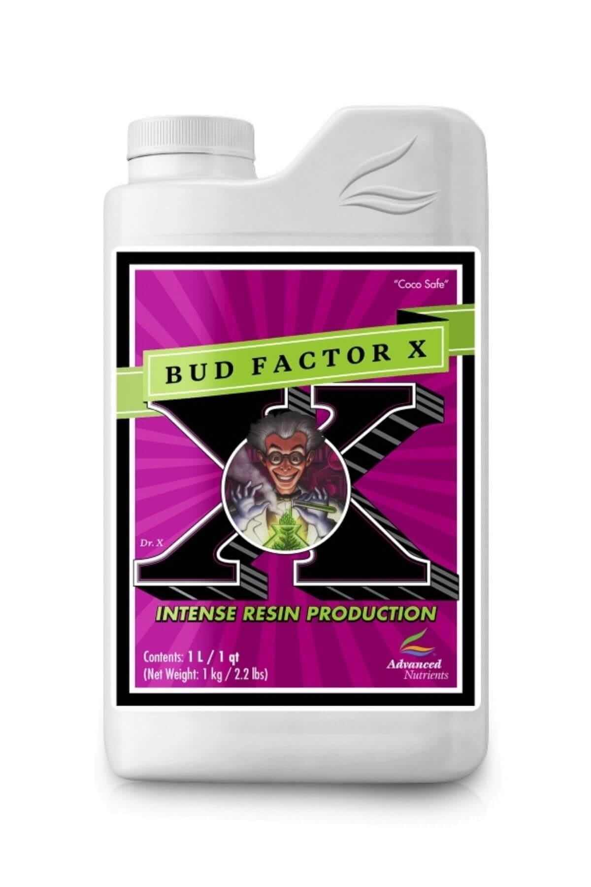 Bud Factor X 1 litre beyaz plastik şişe – mor magenta etiket, büyük X harfli tasarım, vidalı kapak