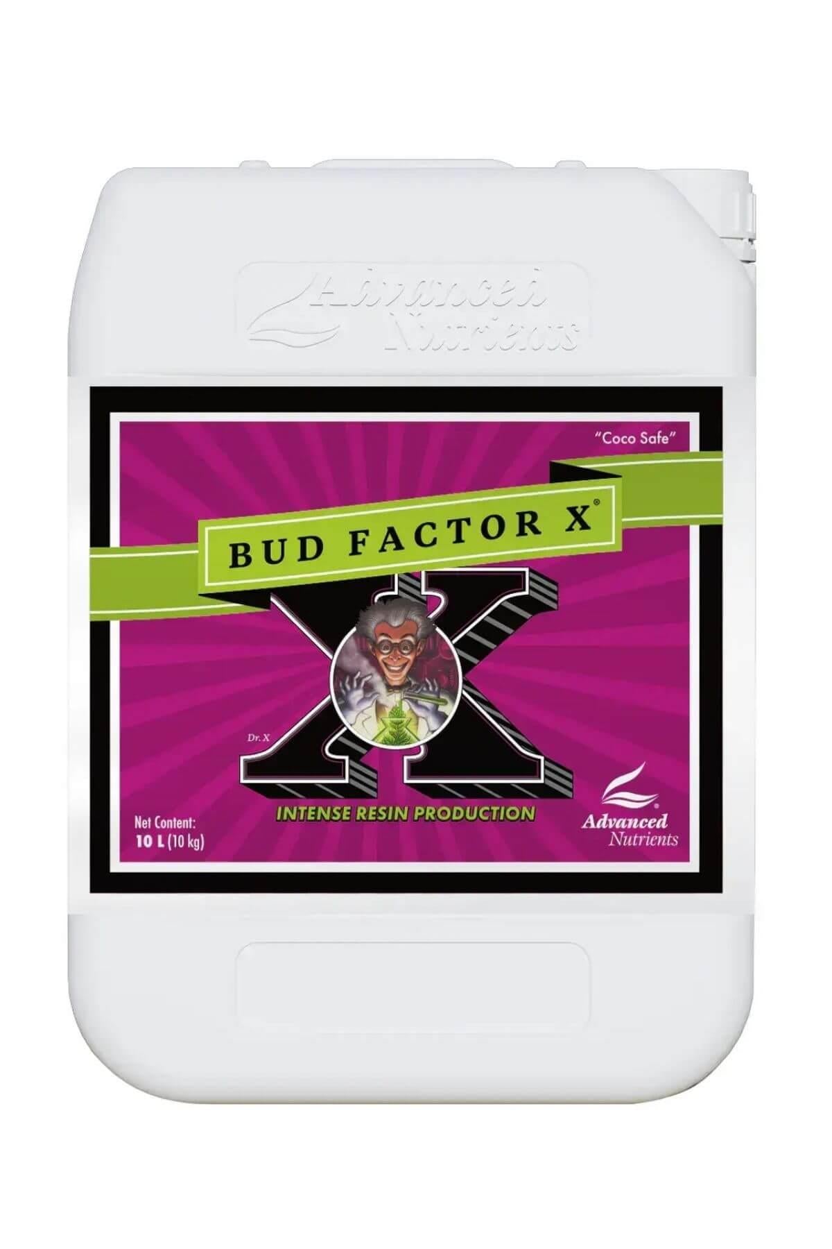 Bud Factor X 10 litre beyaz bidon – mor magenta etiket, büyük X harfli tasarım ve kulplu gövde