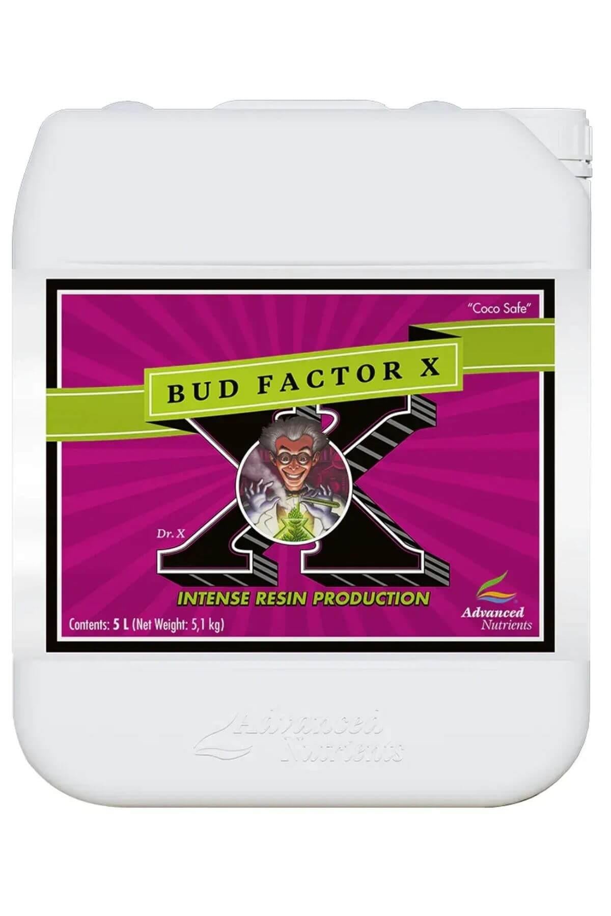 Bud Factor X 5 litre beyaz kulplu bidon – mor magenta etiket, büyük X harfli tasarım, geniş kapak
