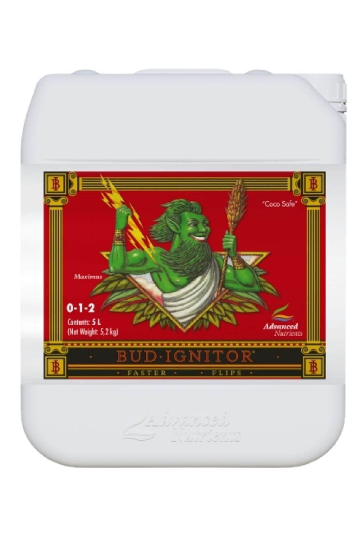 Bud Ignitor 5 litre beyaz kulplu bidon – kırmızı turuncu etiket, yeşil figürlü ön yüz, geniş kapak