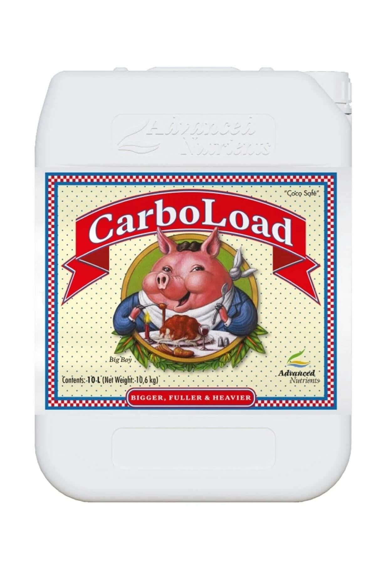CarboLoad 10 litre beyaz bidon – krem rengi etiket, kırmızı bantlı figürlü ön yüz ve kulplu gövde