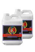 Connoisseur Bloom Part A ve Part B 500 ml şişeler yan yana – lacivert siyah etiket, turuncu kırmızı desen