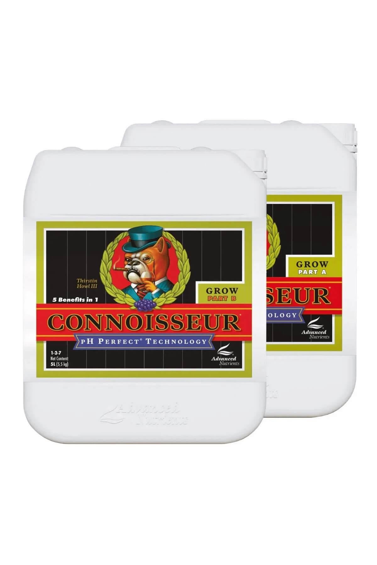 Connoisseur Grow Part A ve Part B 5 litrelik iki bidon – altın sarısı etiket, kulplu gövde, geniş kapak