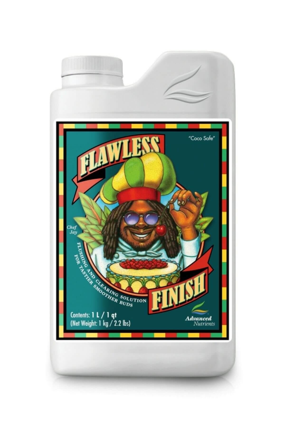 Flawless Finish 1 litre beyaz plastik şişe – koyu yeşil etiket, figür çizimli ön yüz, vidalı kapak