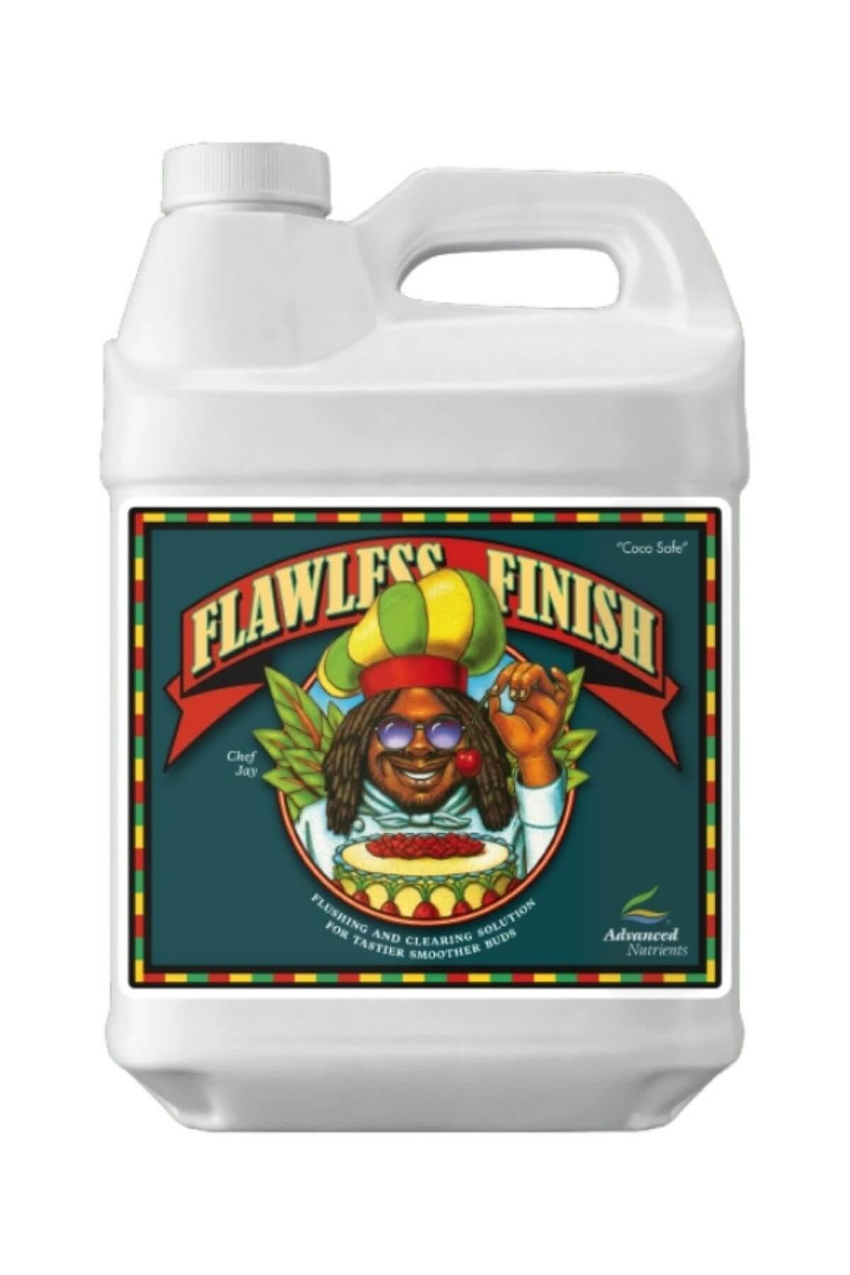 Flawless Finish 250 ml beyaz plastik şişe – koyu yeşil etiket, figürlü ön tasarım, vidalı kapak