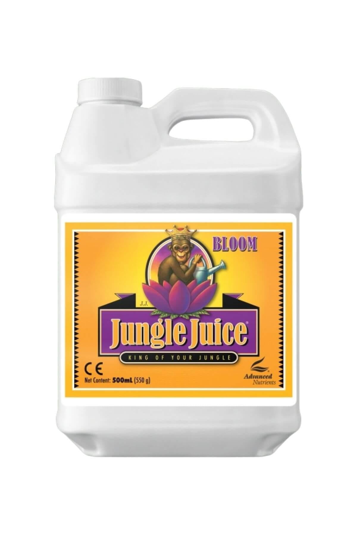 Jungle Juice Bloom 500 ml beyaz bidon – turuncu sarı etiket, mor lotus çizimi, mor BLOOM bandı