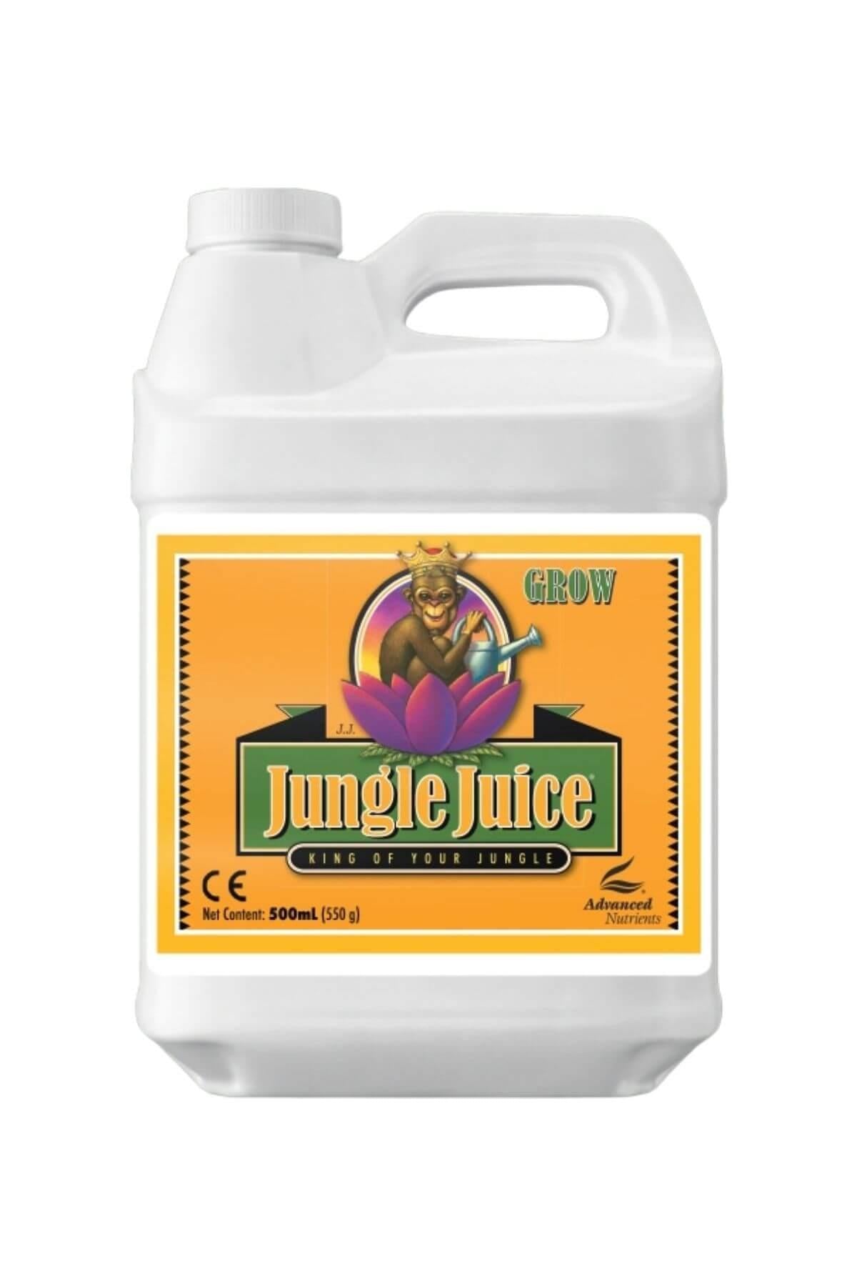 Jungle Juice Grow 500 ml beyaz bidon – turuncu sarı etiket, mor lotus çizimi, yeşil GROW bandı