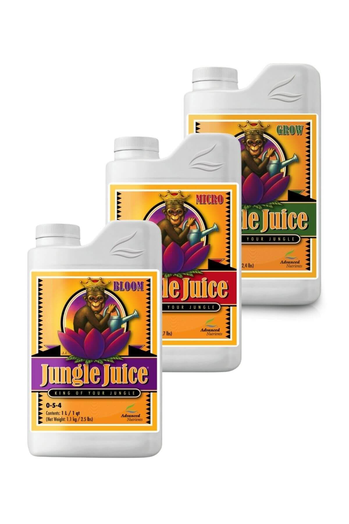 Jungle Juice 1 litre üçlü set – beyaz şişeler, turuncu etiket, mor lotus çizimi, renkli dönem bantları