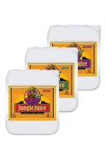 Jungle Juice 5 litre üçlü set – beyaz bidonlar, turuncu etiket, mor lotuslu çizim, geniş kapaklı gövde