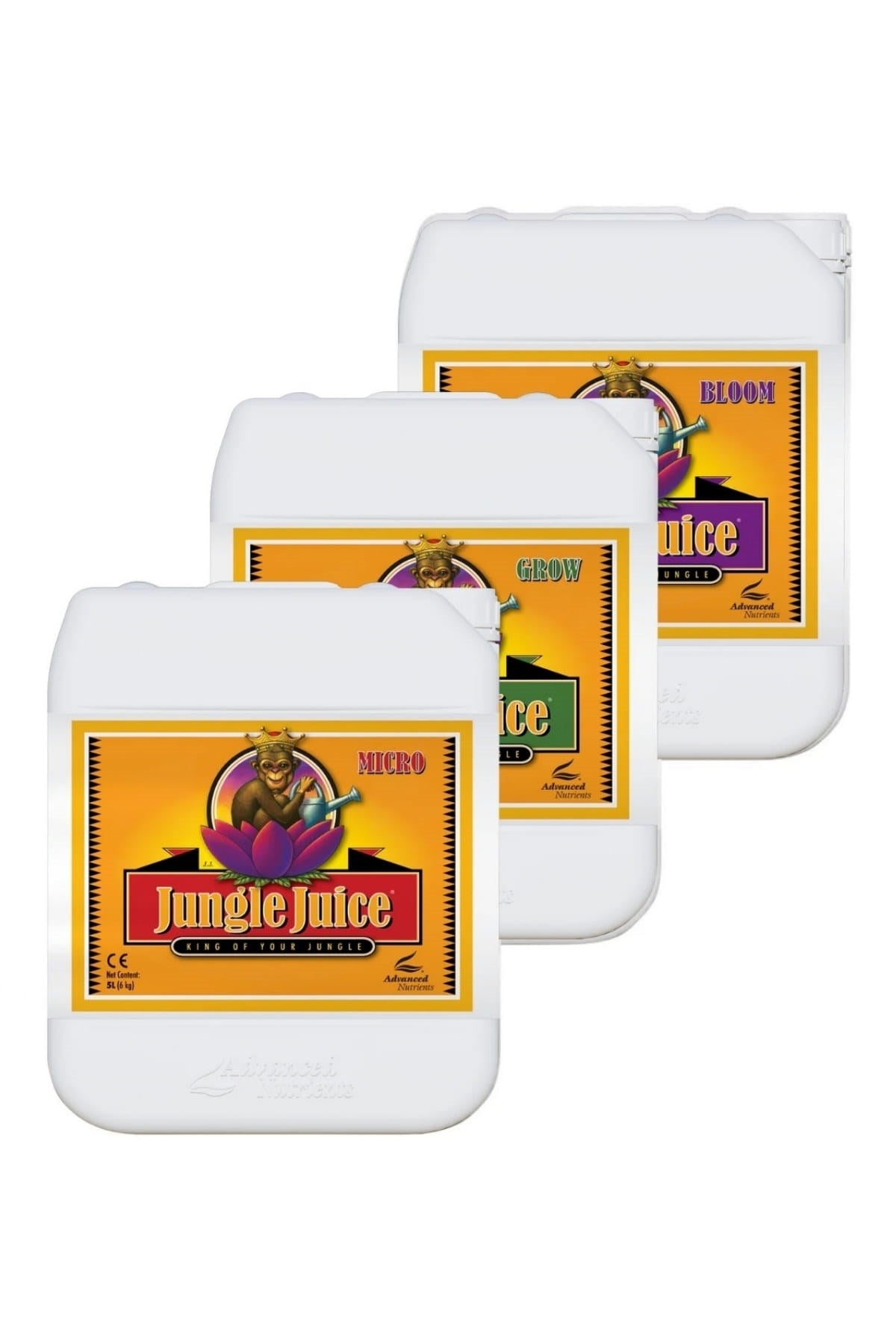 Jungle Juice 5 litre üçlü set – beyaz bidonlar, turuncu etiket, mor lotuslu çizim, geniş kapaklı gövde