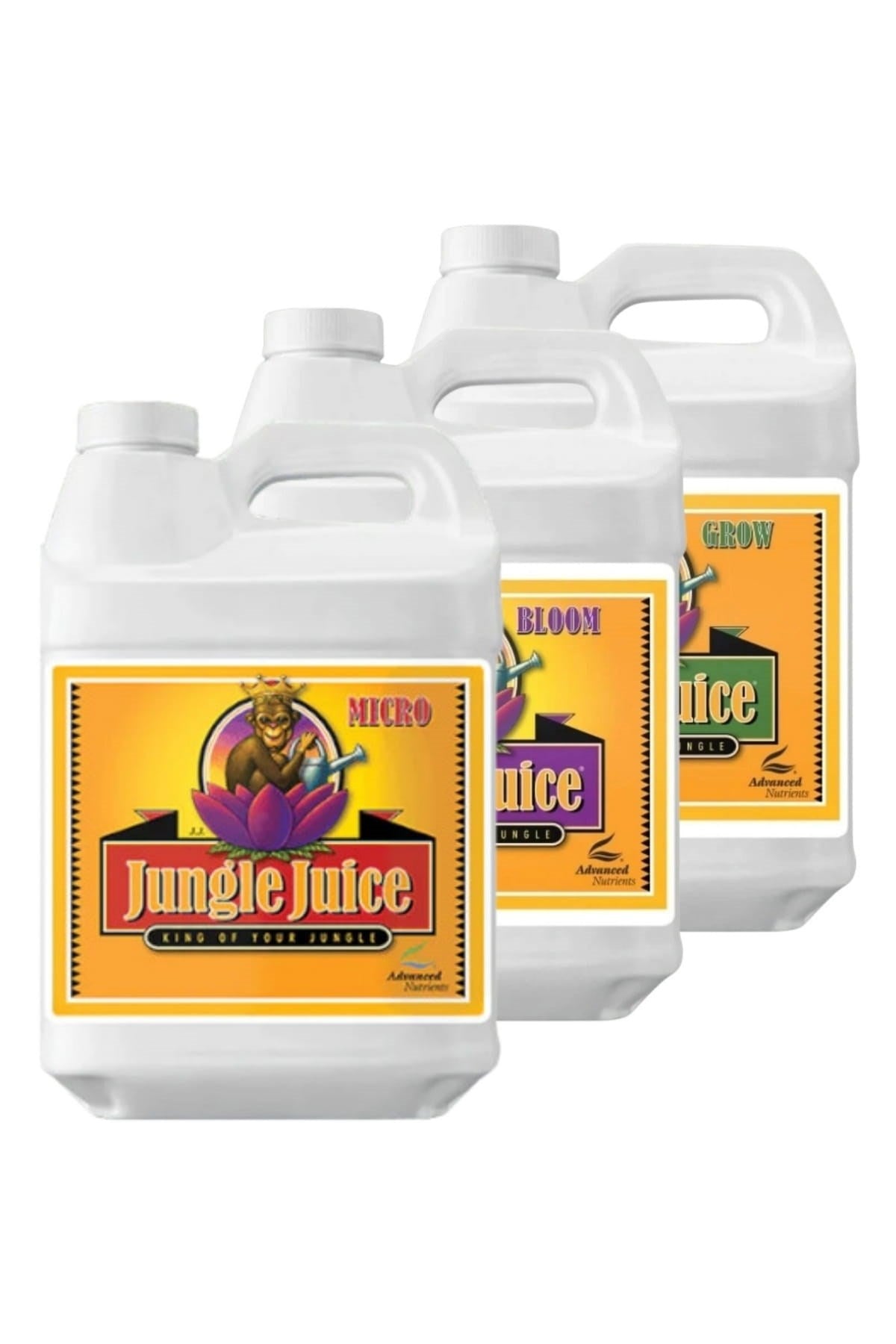 Jungle Juice 500 ml üçlü set – beyaz bidonlar, turuncu sarı etiket, mor lotus ve figürlü çizim