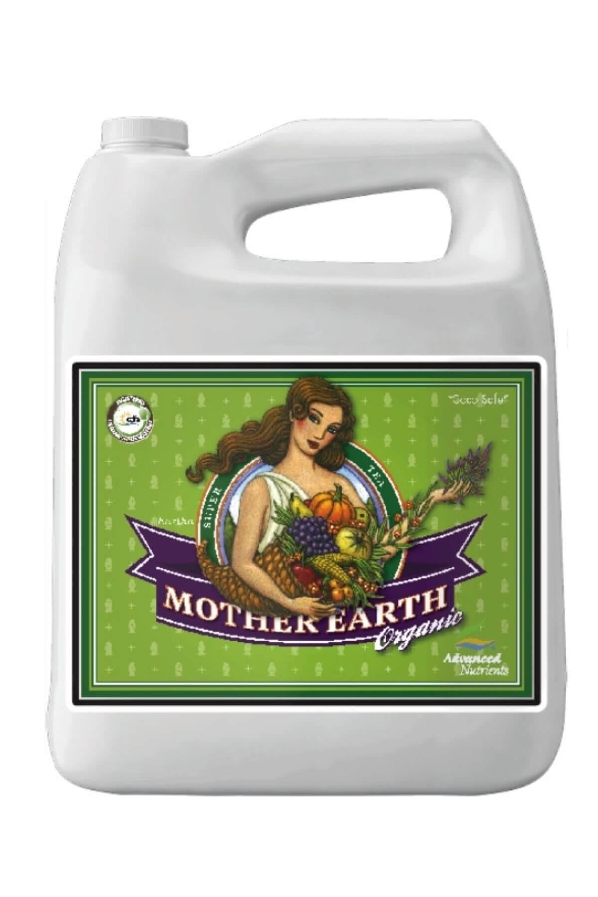 Mother Earth Super Tea Organic 4 litre beyaz kulplu bidon – yeşil çizgili etiket, meyve taşıyan figür