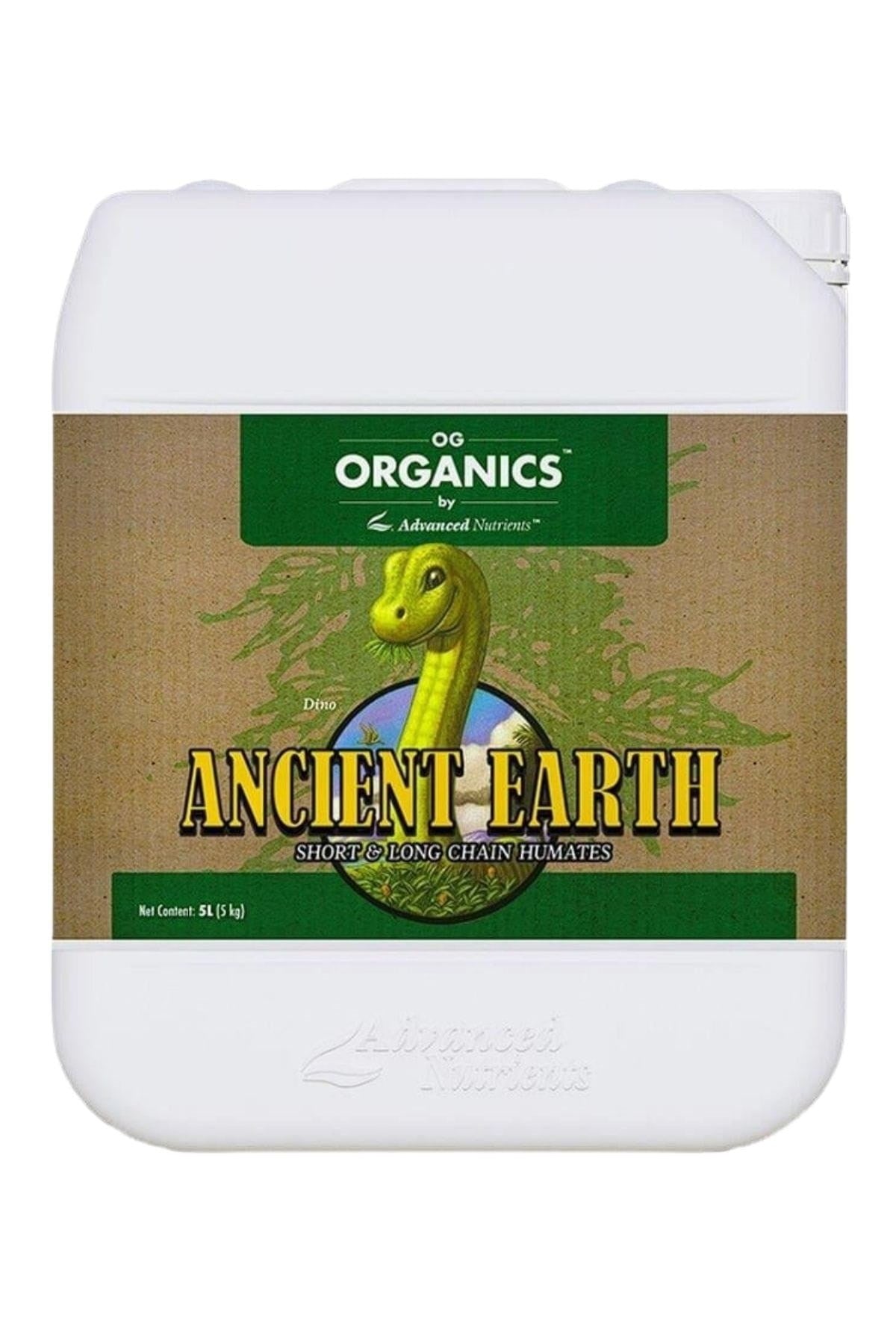 Ancient Earth 5 litre beyaz kulplu bidon – kahverengi kraft etiket, yeşil OG Organics bandı, yılan çizimi